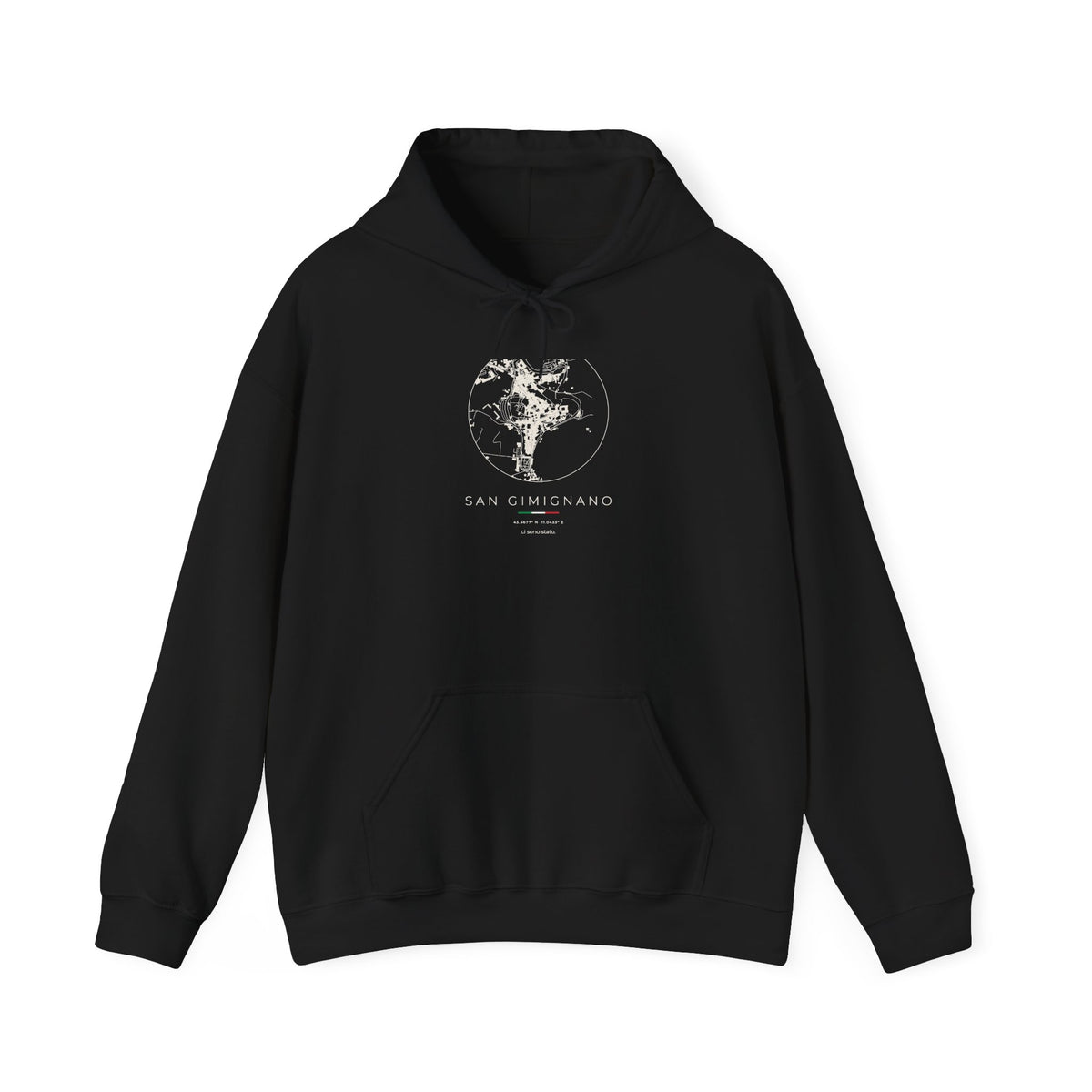 San Gimignano Street Map Hoodie, Circle Map, Black, Italy Travel Gift, flat lay
