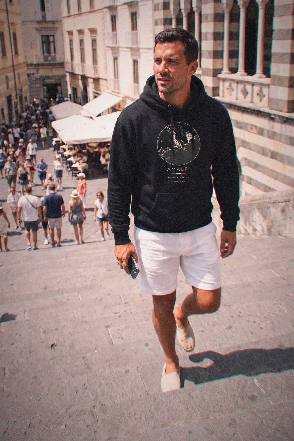 Amalfi map hoodie worn, front view, Amalfi