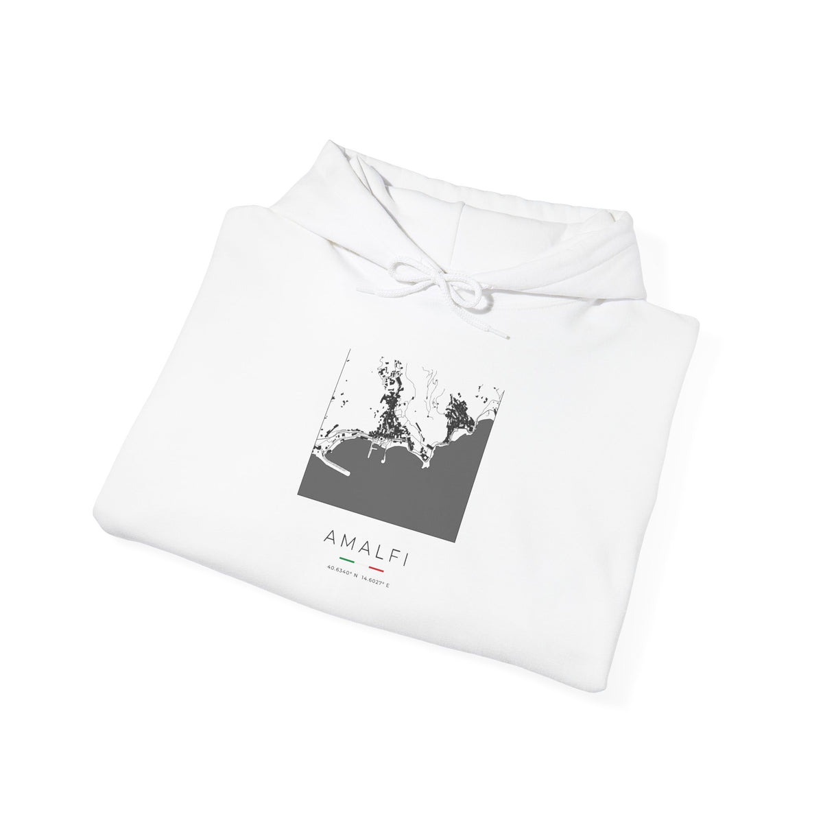 Amalfi street map hoodie, in white, with the square map design, shown flat