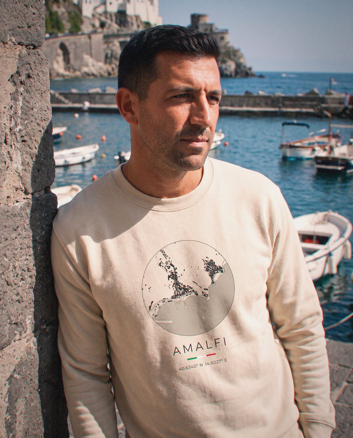Amalfi map sweatshirt close-up on the chest print, Amalfi