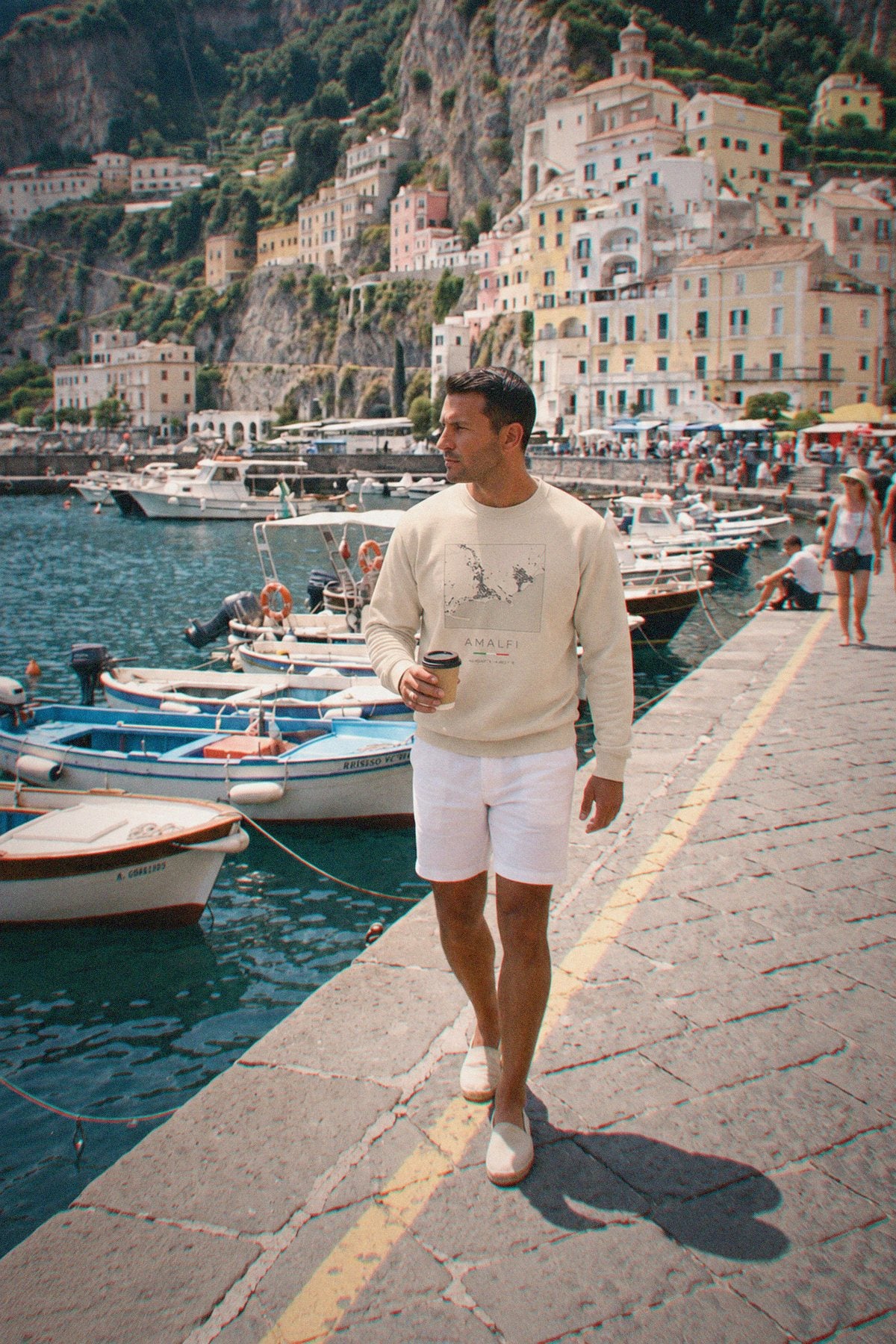 Amalfi map sweatshirt worn, front view, Amalfi