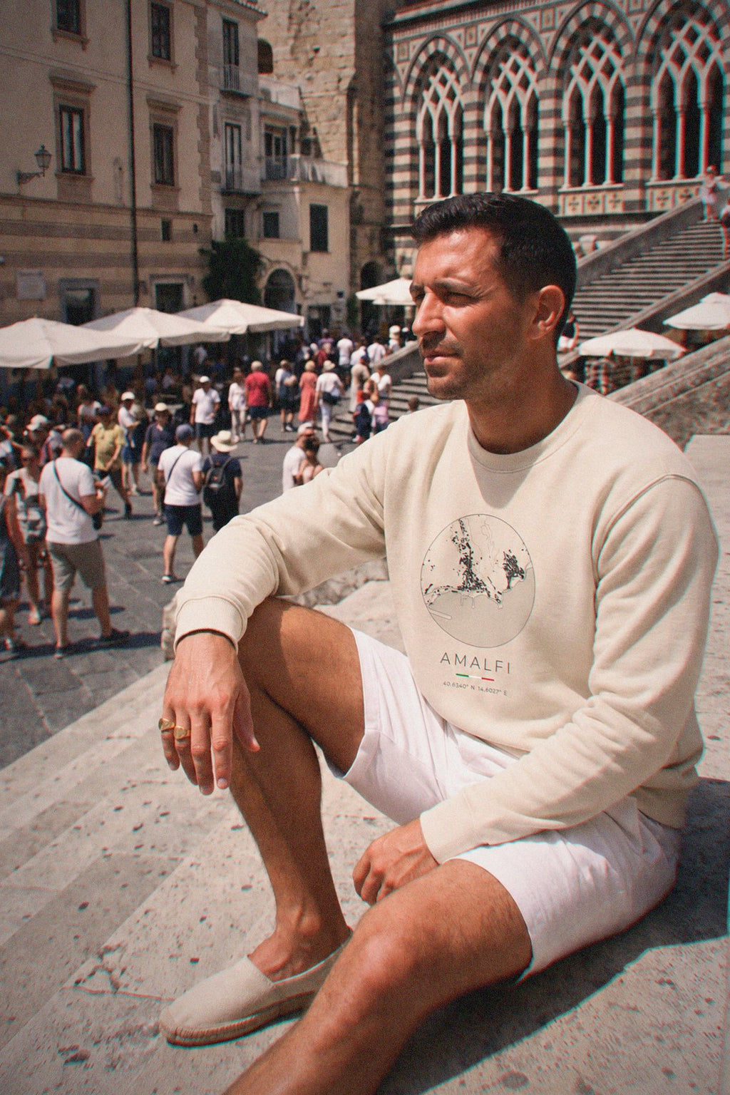 Amalfi map sweatshirt worn, front view, Amalfi