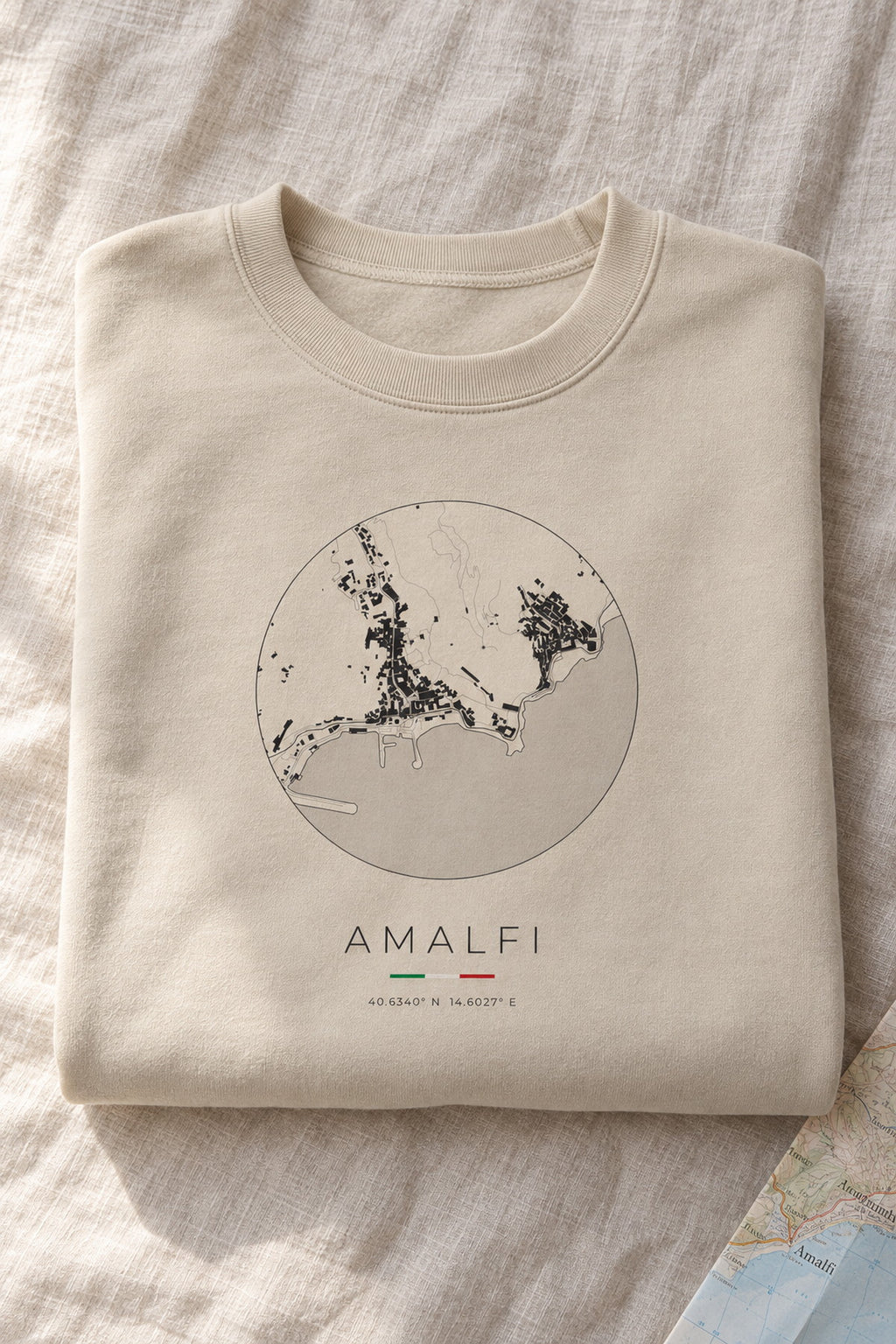 Amalfi map sweatshirt folded flat, front print