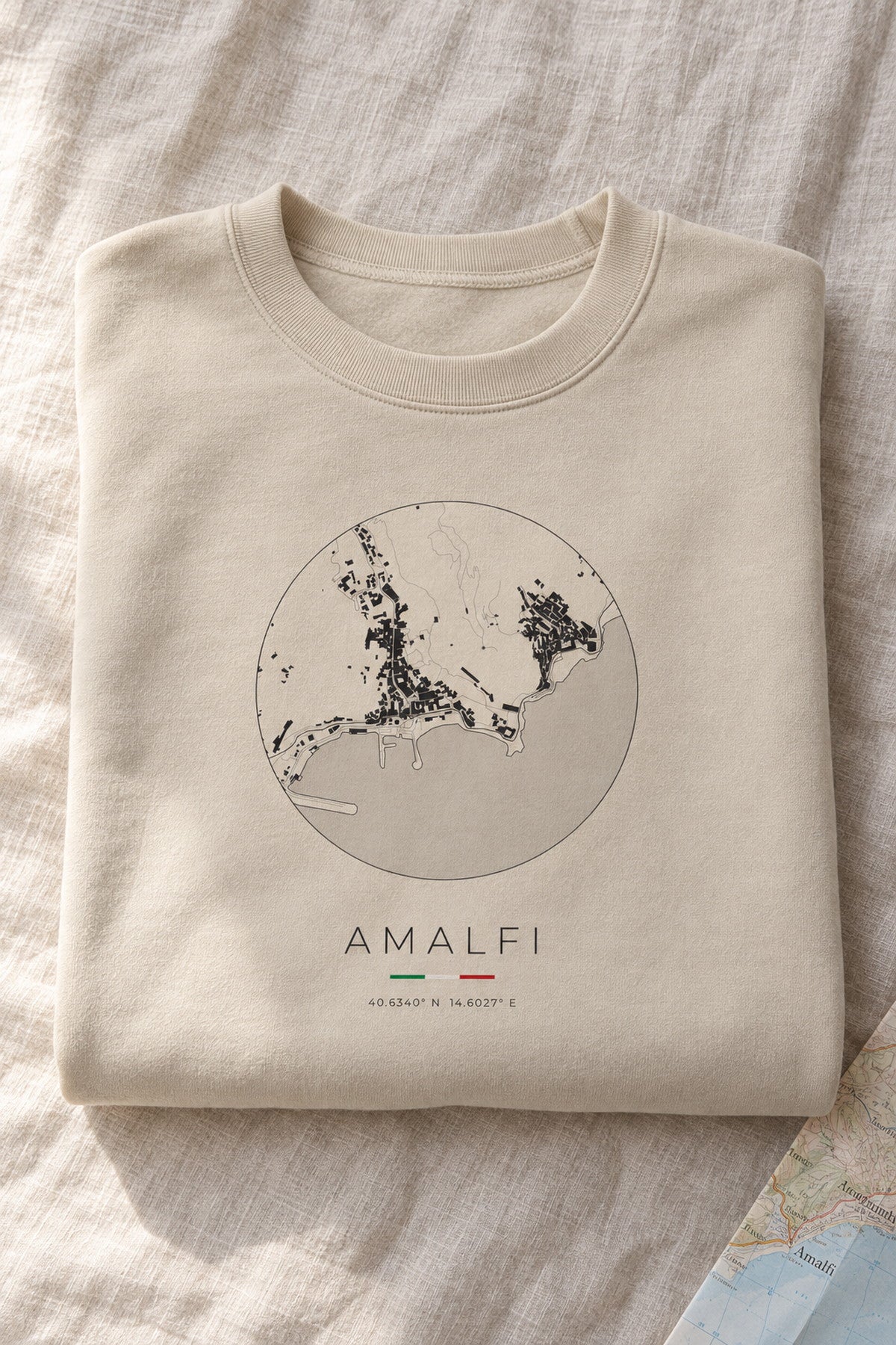Amalfi map sweatshirt folded flat, front print