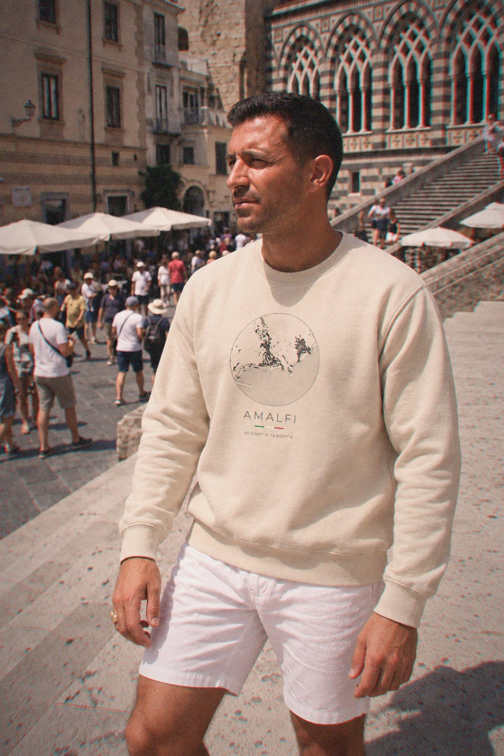 Amalfi map sweatshirt worn, three-quarter view, Amalfi