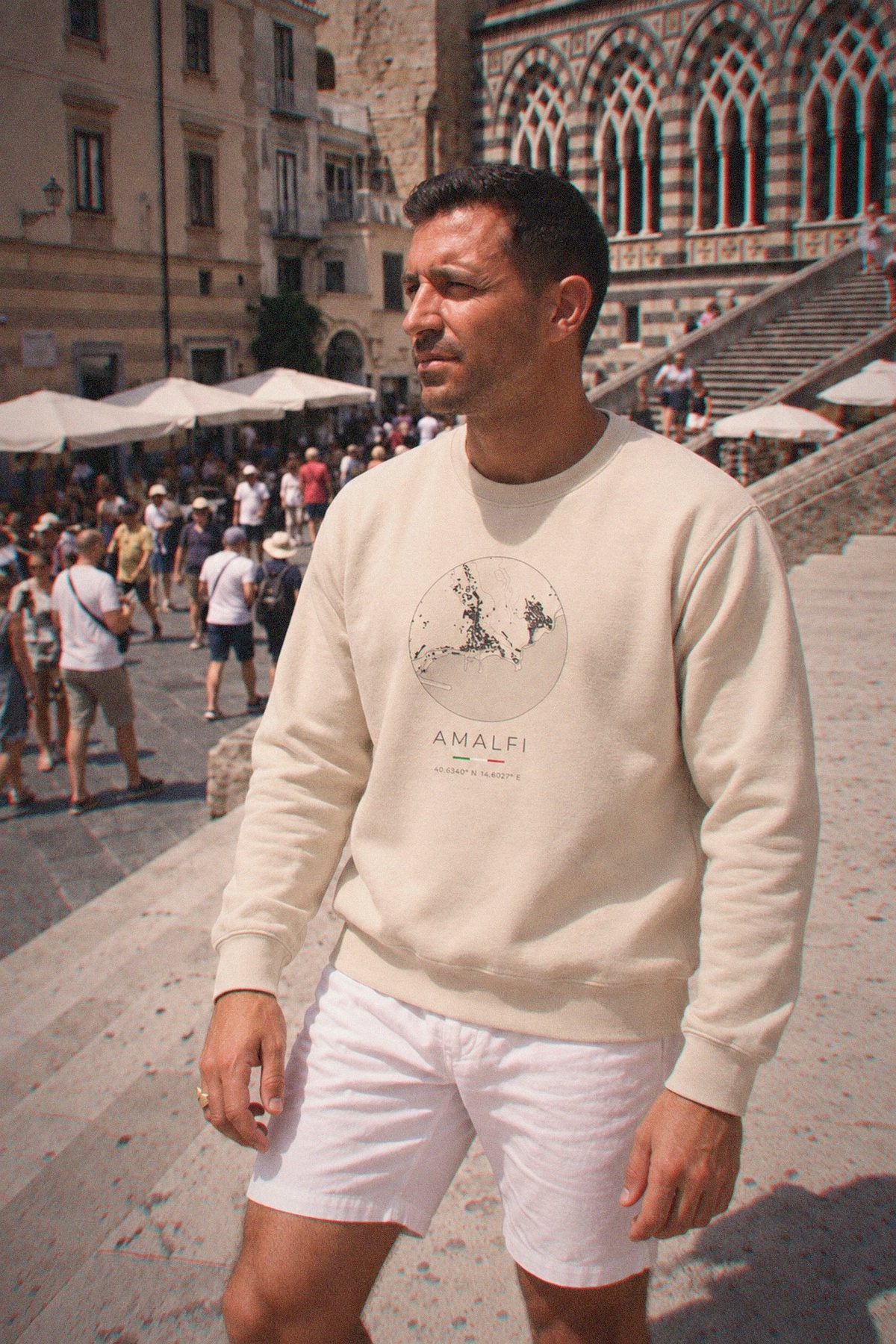 Amalfi map sweatshirt worn, three-quarter view, Amalfi
