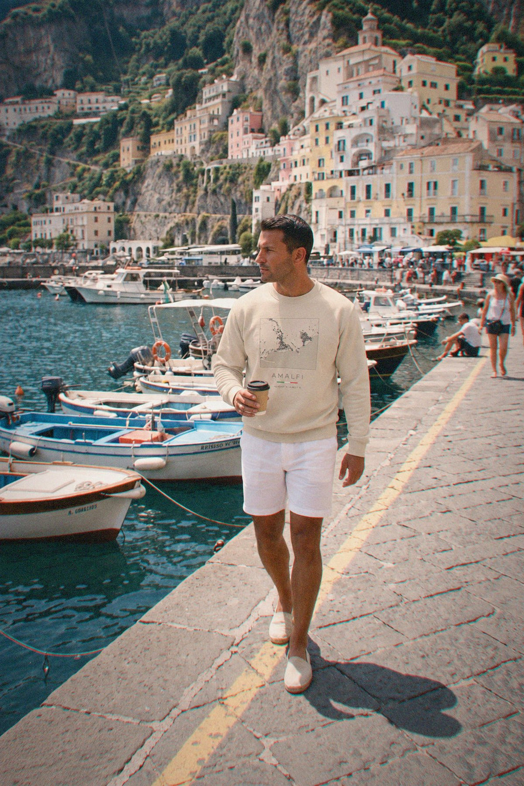Amalfi map sweatshirt worn, front view, Amalfi