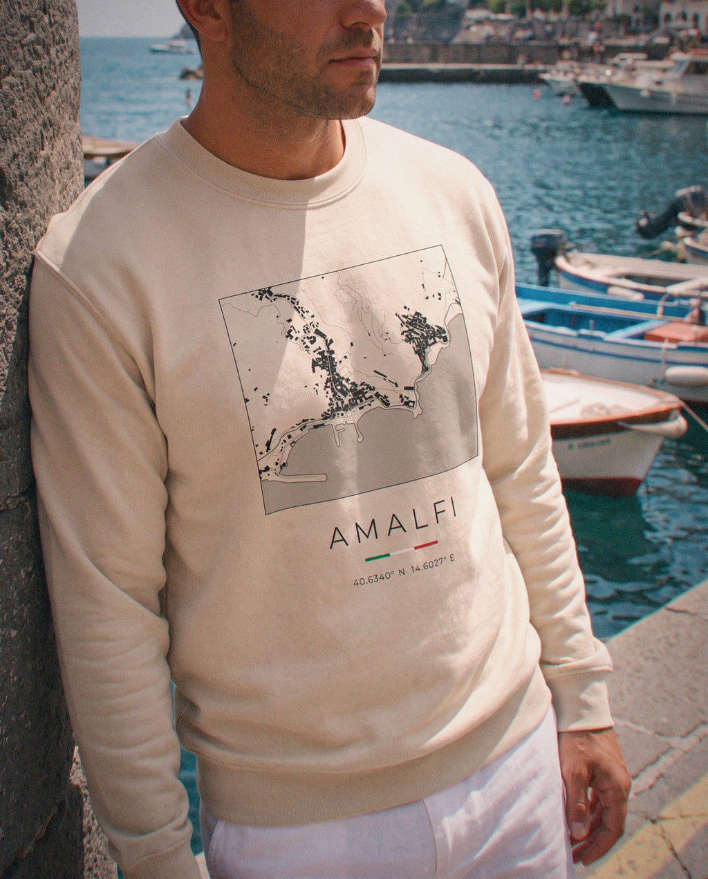 Amalfi map sweatshirt close-up on the chest print, Amalfi