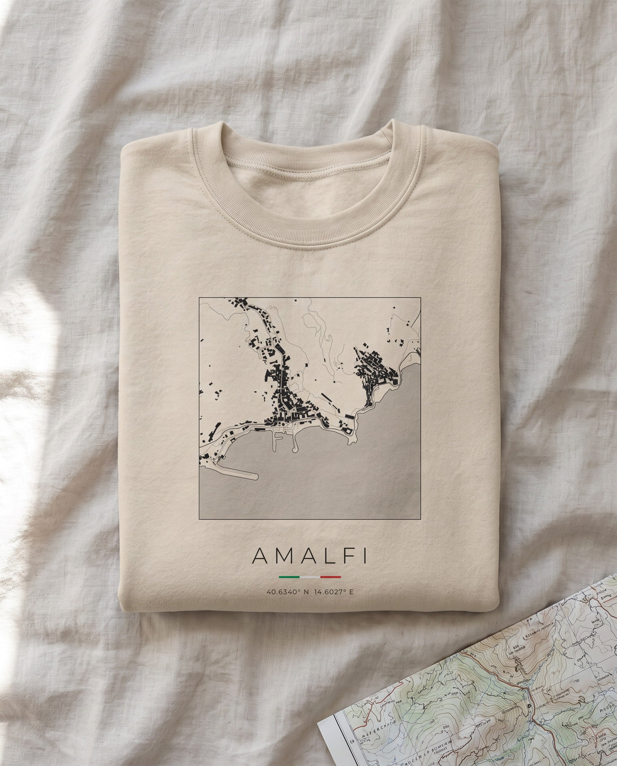 Amalfi map sweatshirt folded flat, front print