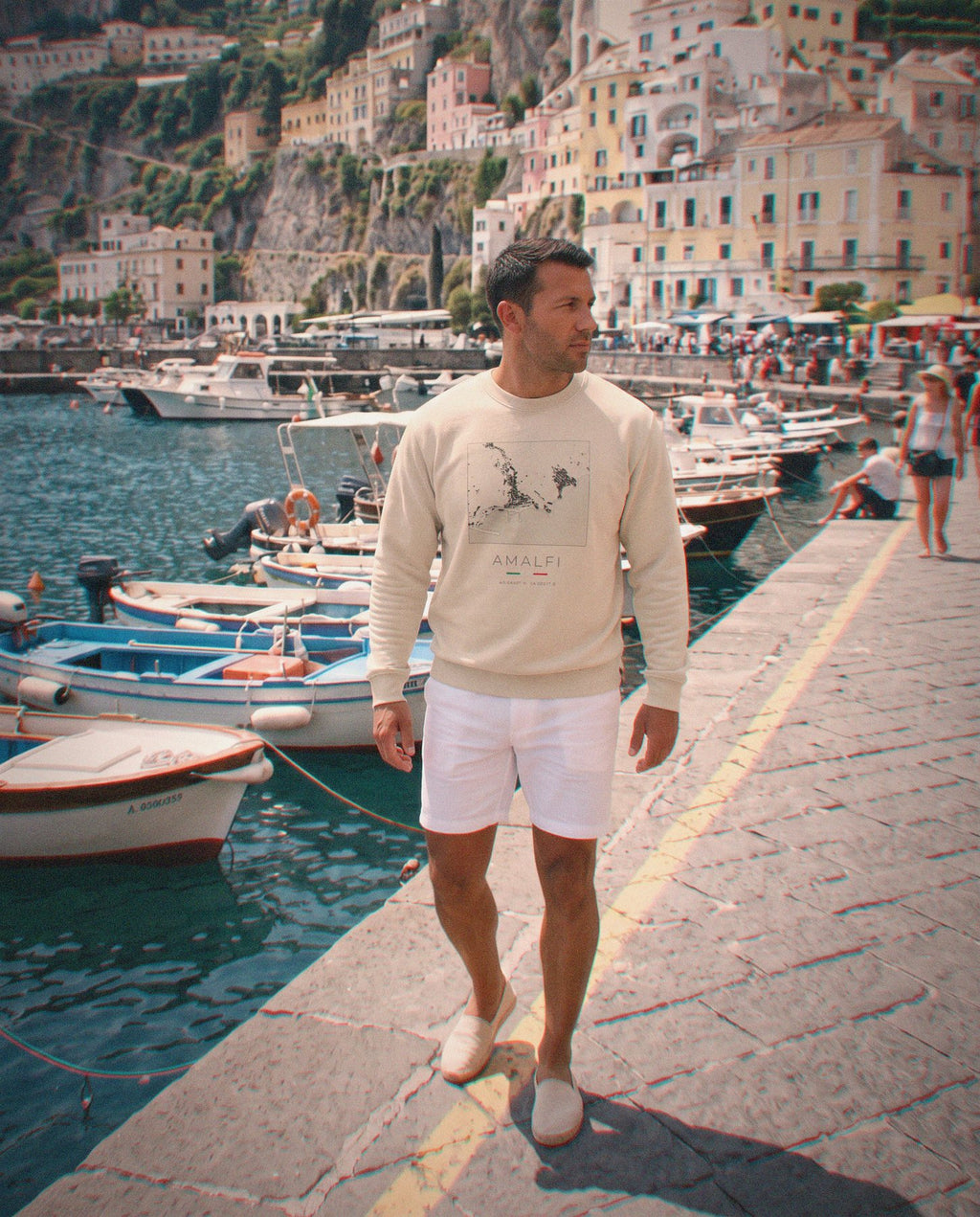 Amalfi map sweatshirt worn, three-quarter view, Amalfi