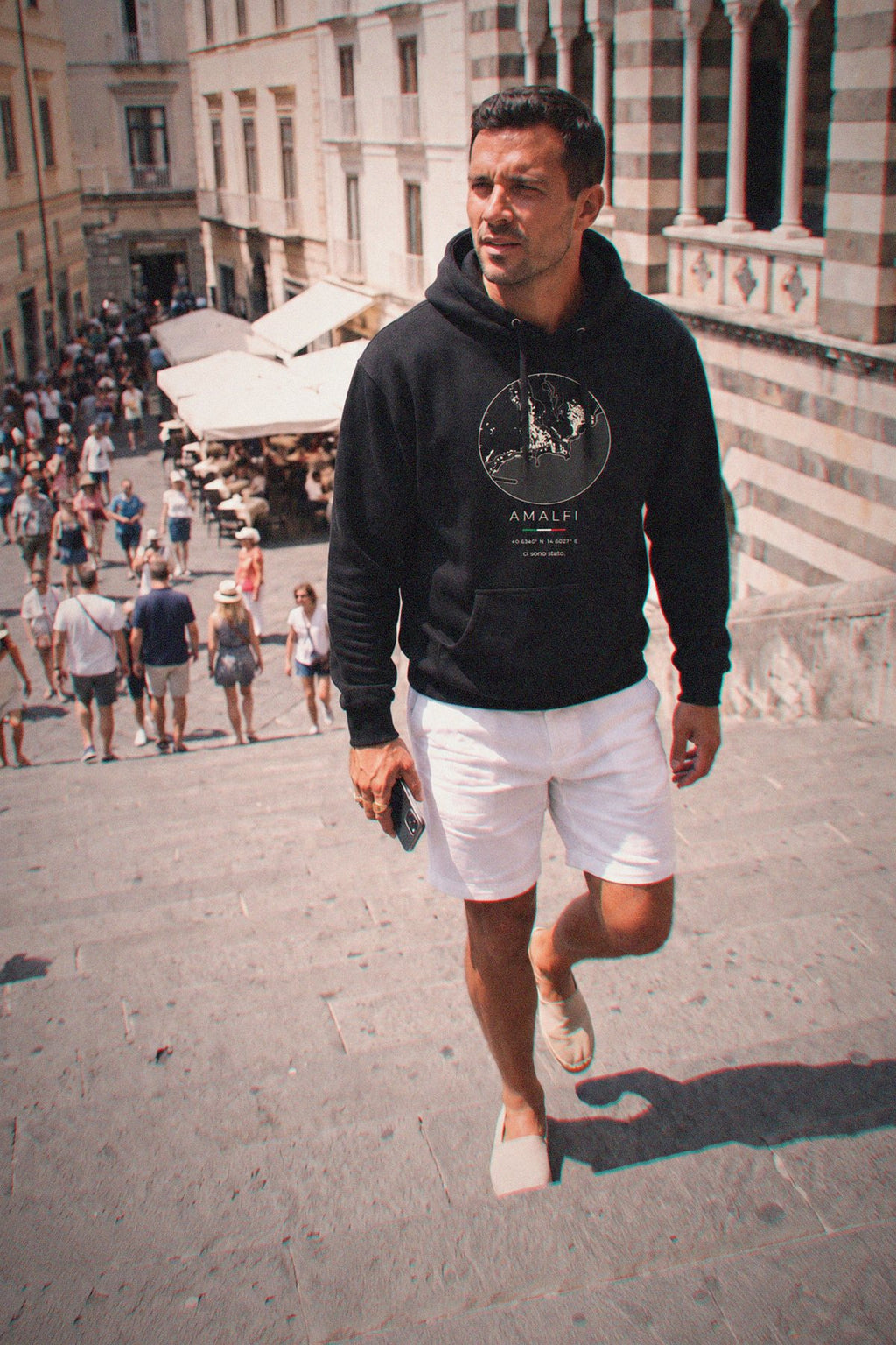 Amalfi map hoodie worn, front view, Amalfi