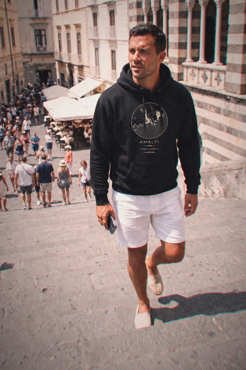 Amalfi map hoodie worn, front view, Amalfi