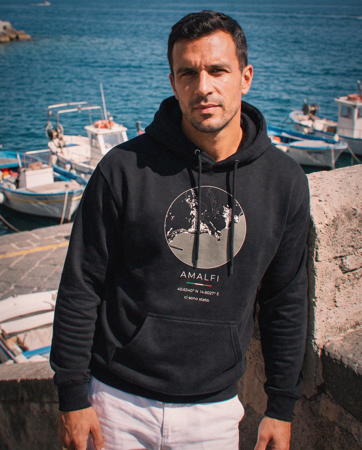 Amalfi map hoodie close-up on the chest print, Amalfi
