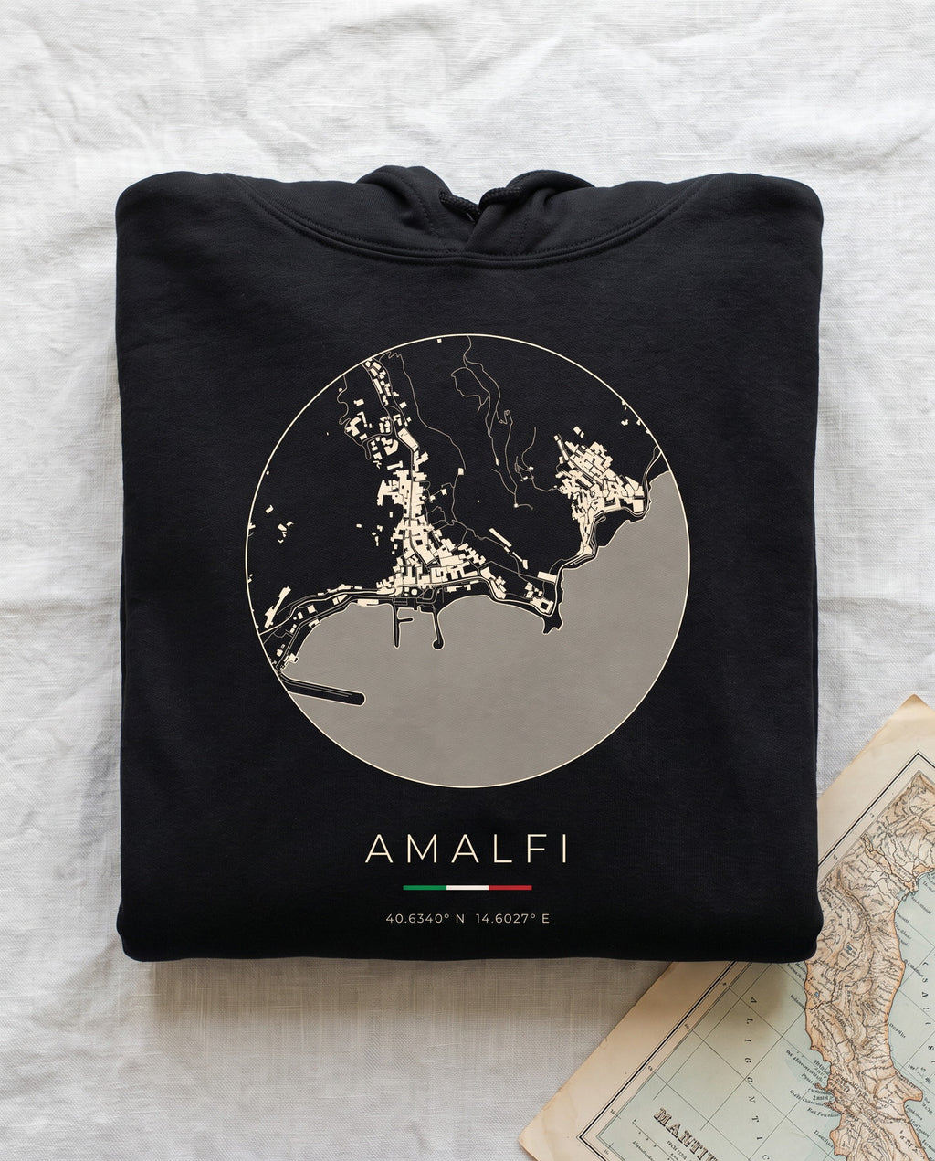 Amalfi map hoodie folded flat, front print