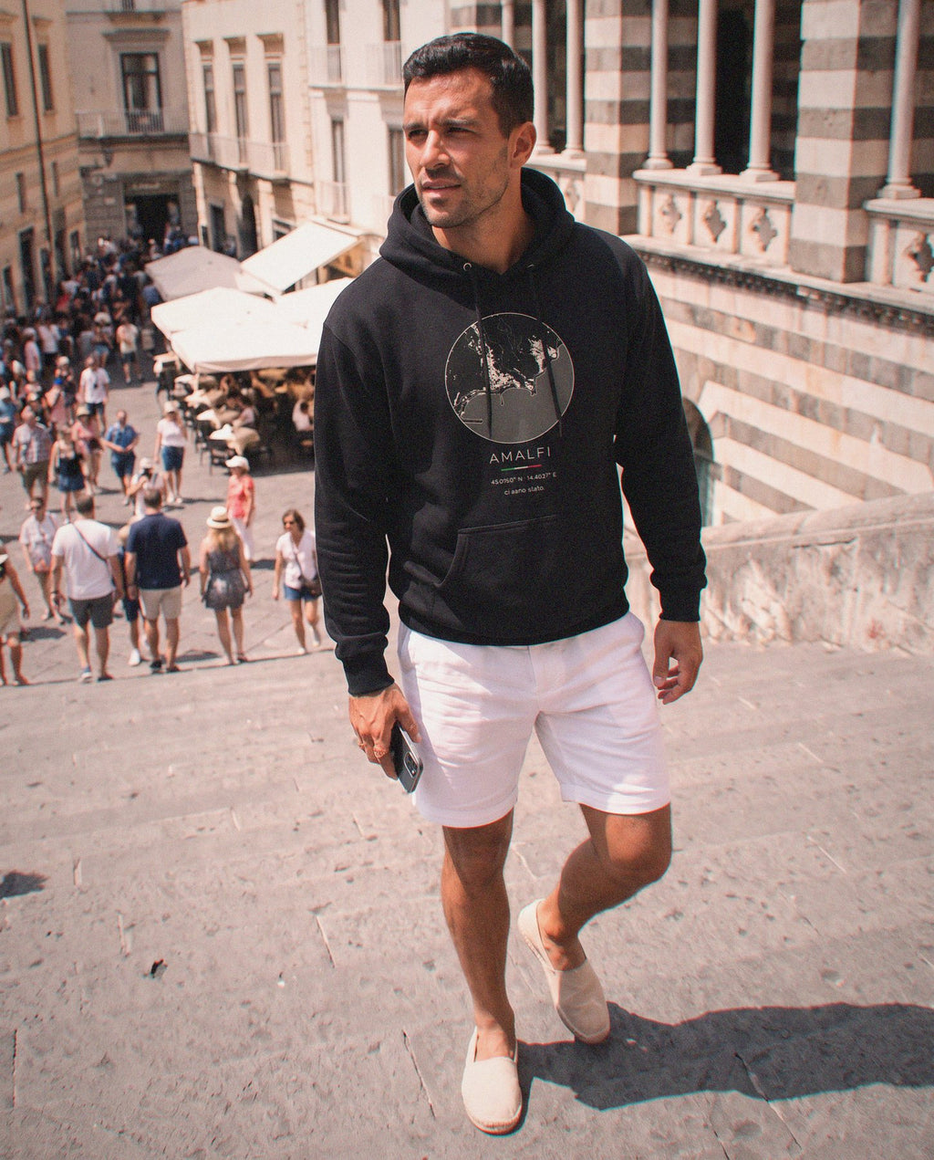 Amalfi map hoodie worn, three-quarter view, Amalfi