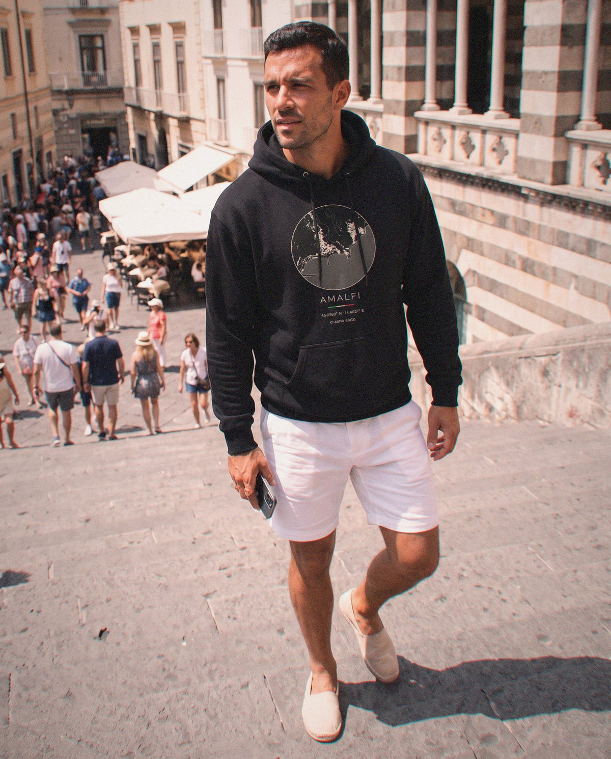 Amalfi map hoodie worn, three-quarter view, Amalfi