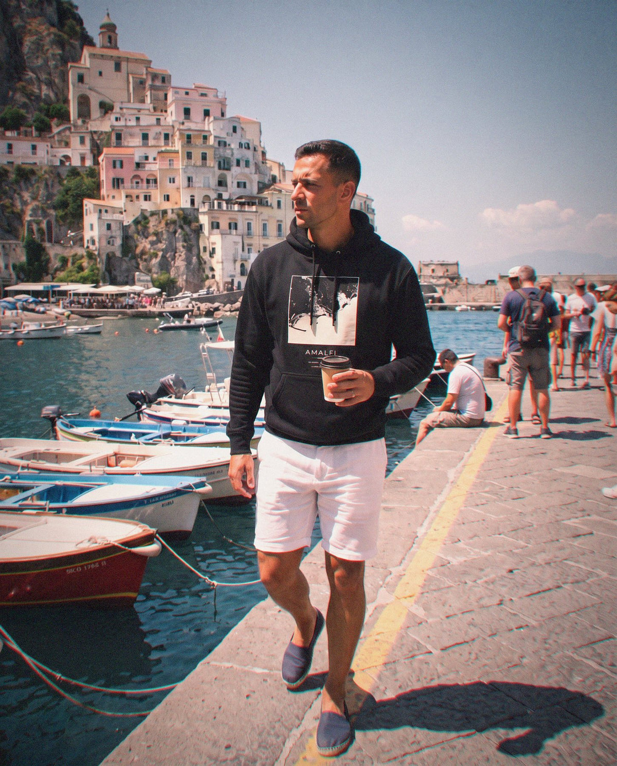 Amalfi map hoodie worn, front view, Amalfi