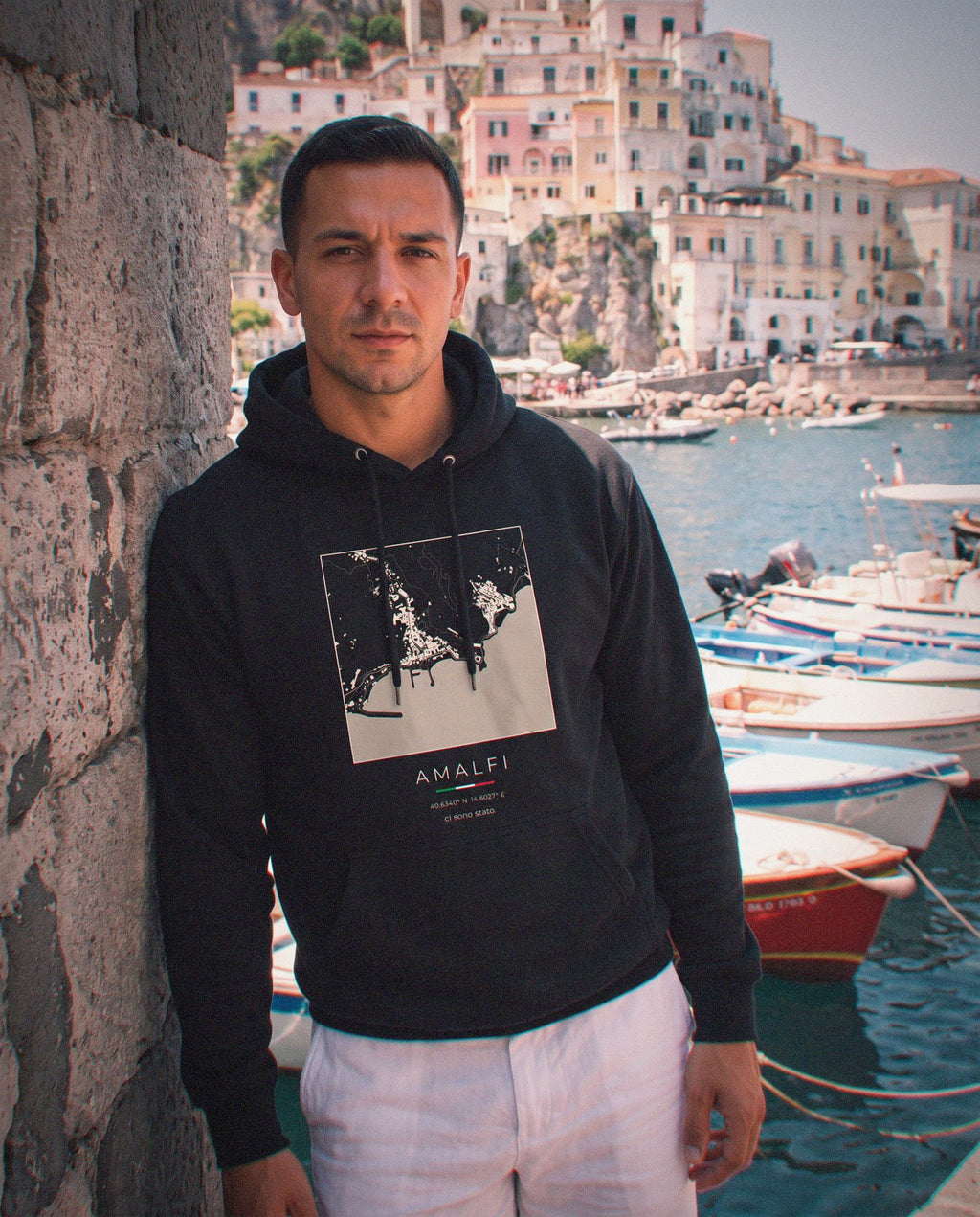 Amalfi map hoodie close-up on the chest print, Amalfi