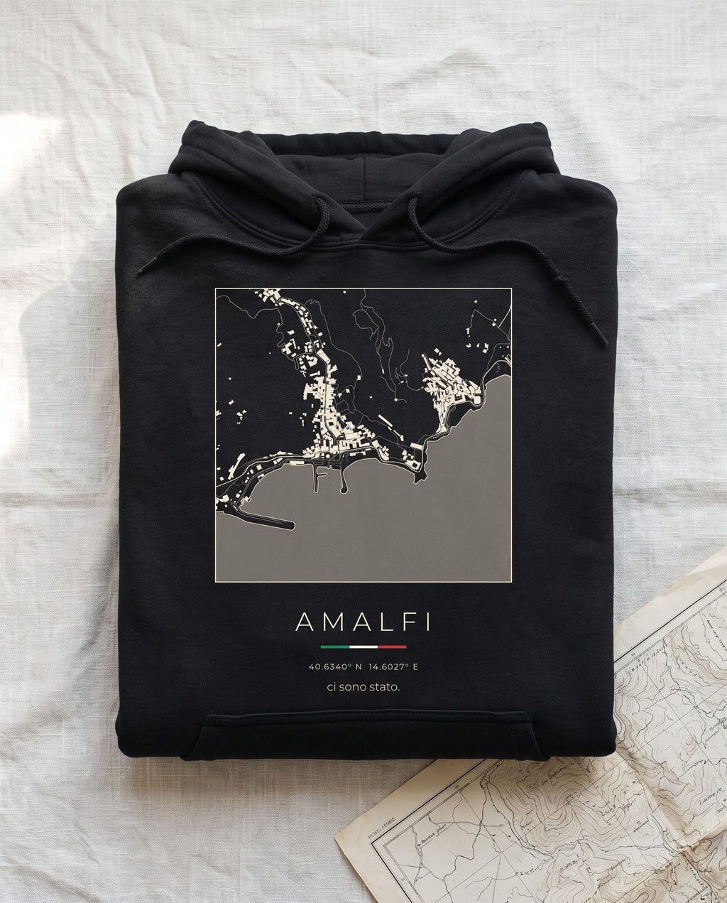 Amalfi map hoodie folded flat, front print