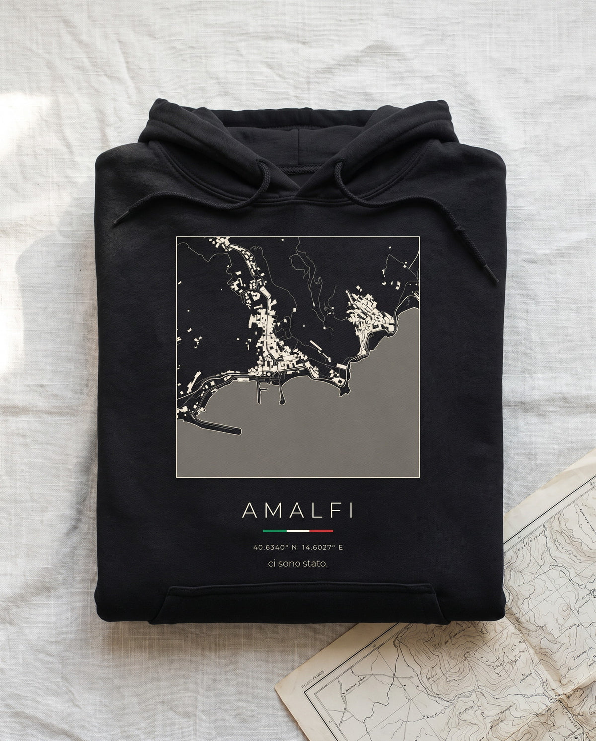 Amalfi map hoodie folded flat, front print