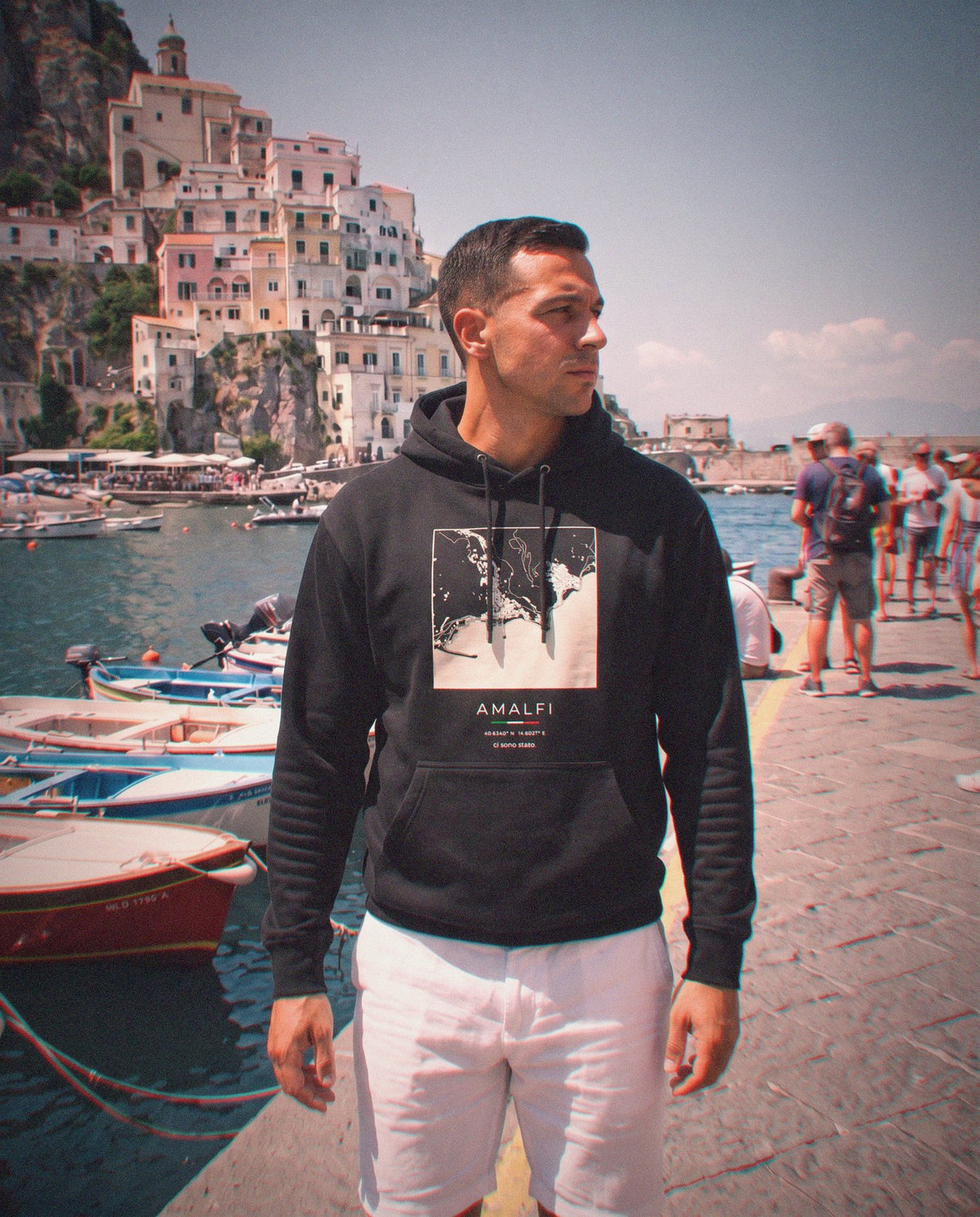 Amalfi map hoodie worn, three-quarter view, Amalfi