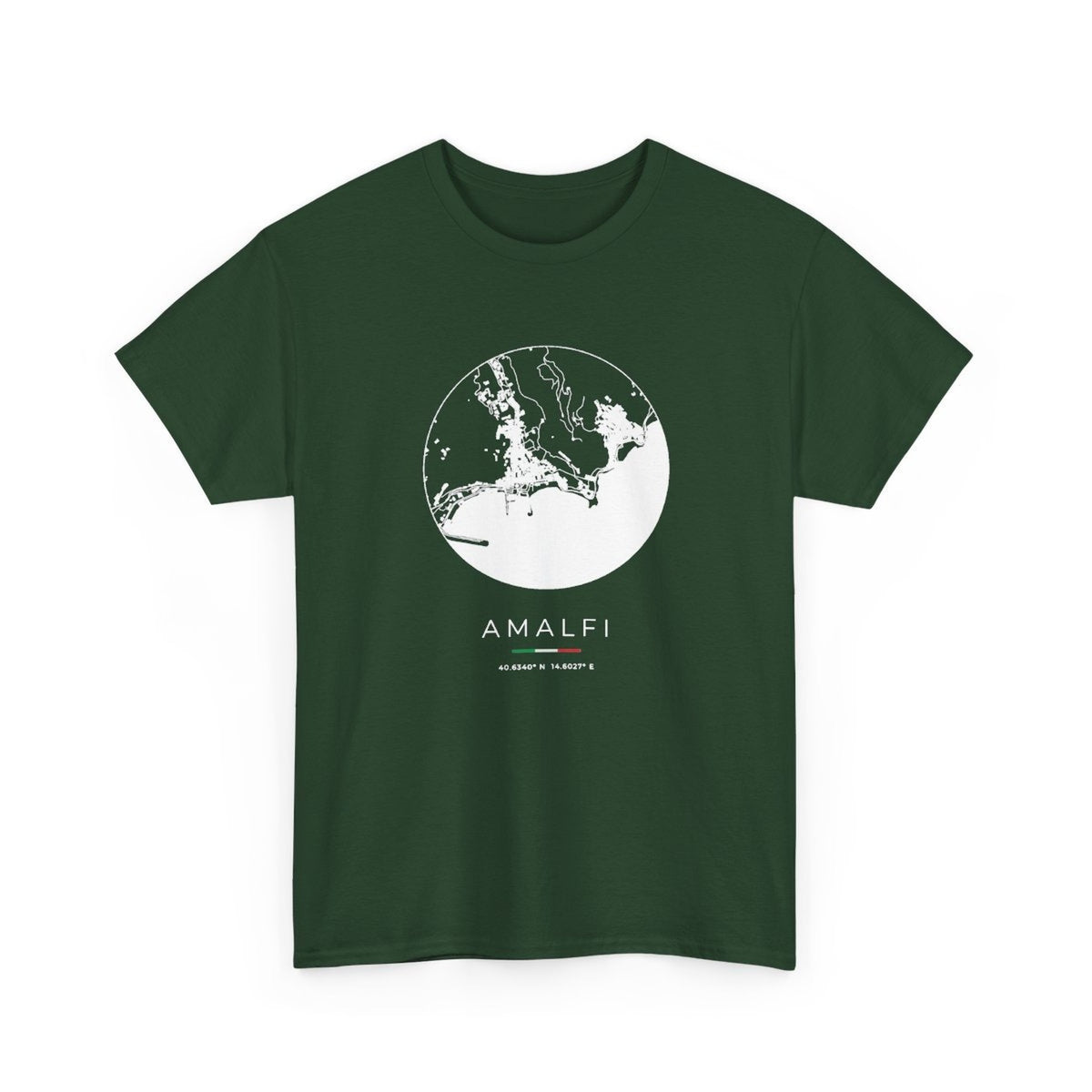 Amalfi Street Map T-Shirt, Circle Map, Forest Green, Italy Travel Gift, flat lay