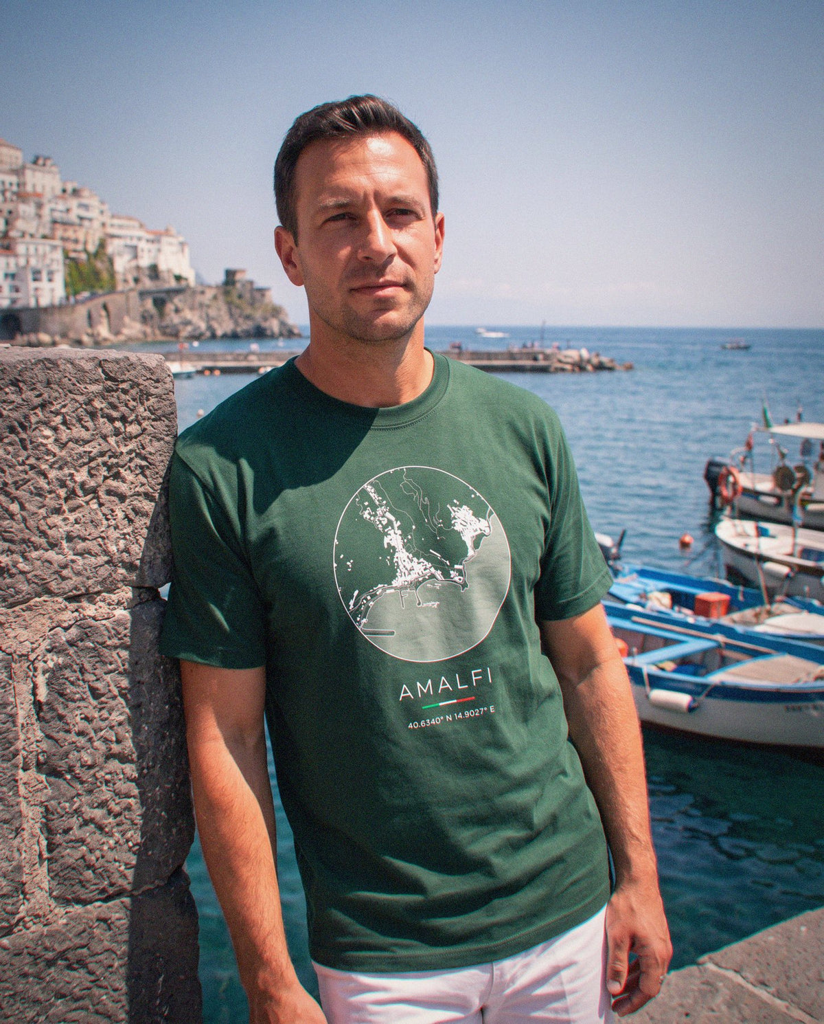 Amalfi map t-shirt close-up on the chest print, Amalfi