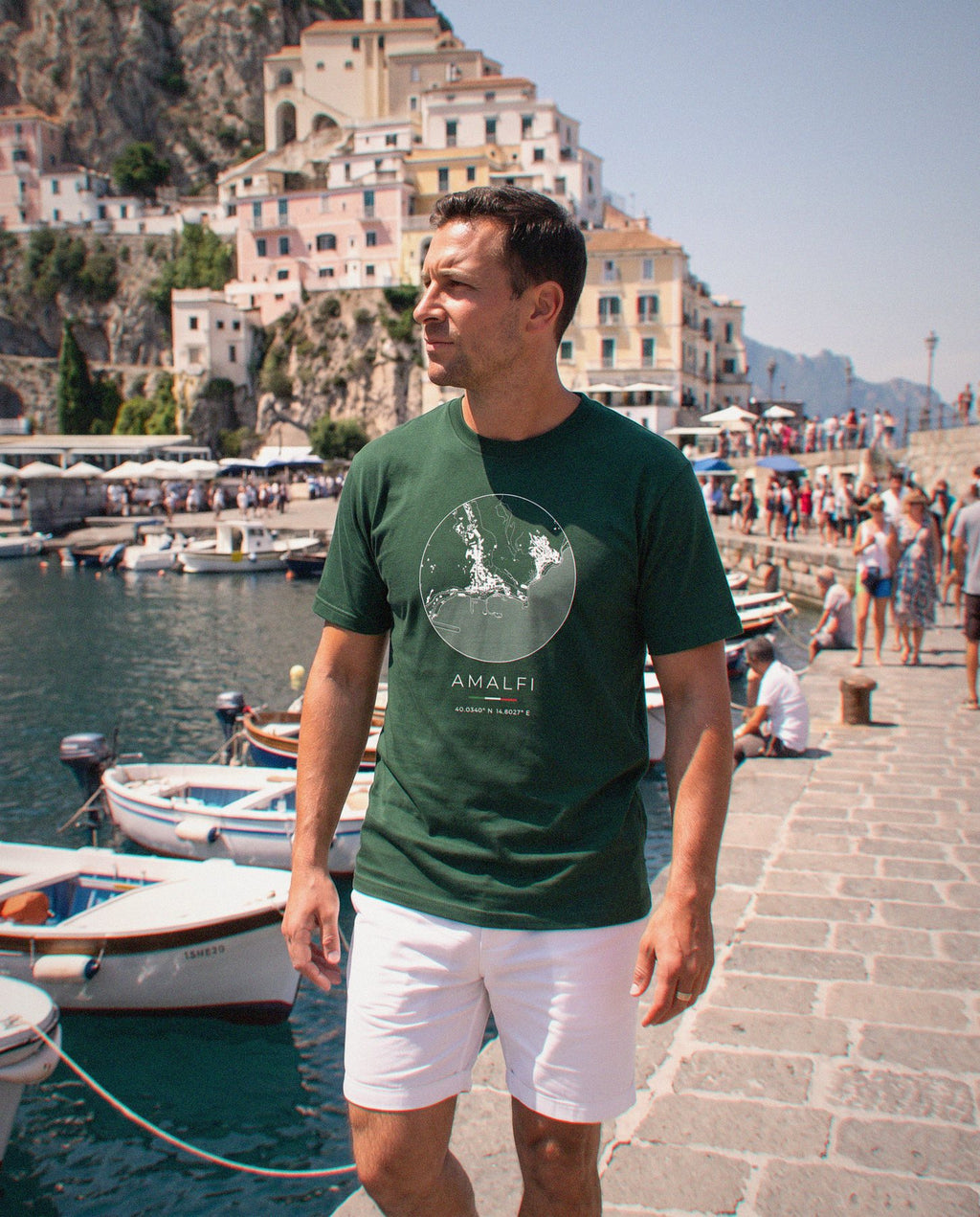Amalfi map t-shirt worn, three-quarter view, Amalfi