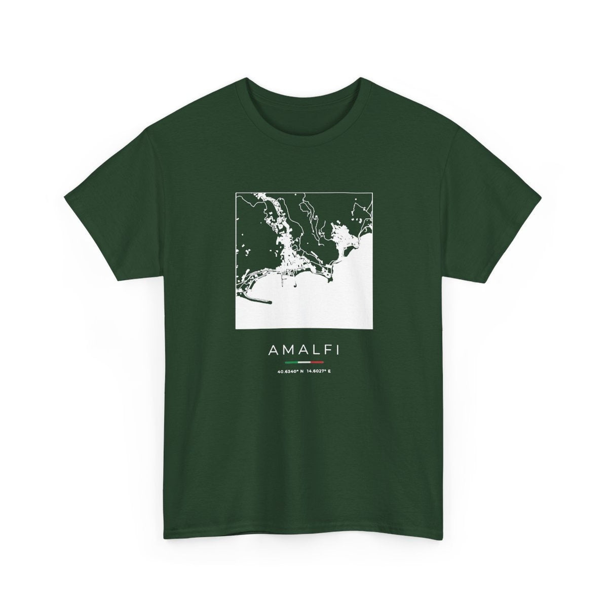 Amalfi Street Map T-Shirt, Square Map, Forest Green, Italy Travel Gift, flat lay
