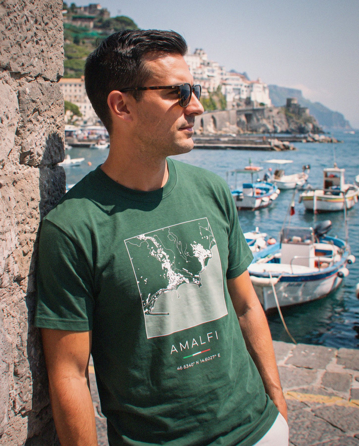 Amalfi map t-shirt close-up on the chest print, Amalfi