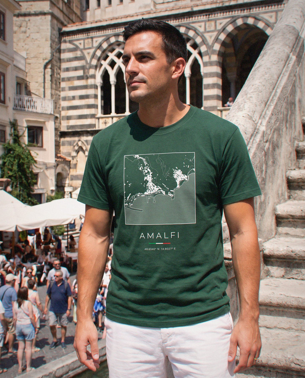 Amalfi map t-shirt worn, three-quarter view, Amalfi