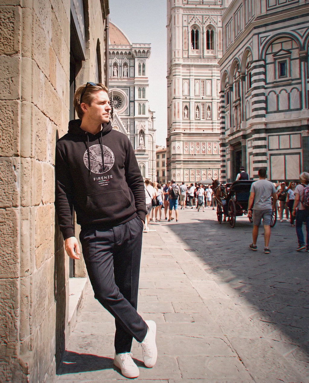 Florence map hoodie in Black, circle street map of Florence, worn in Florence. Postmark.
