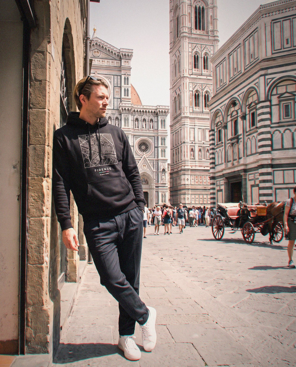 Florence map hoodie in Black, square street map of Florence, worn in Florence. Postmark.