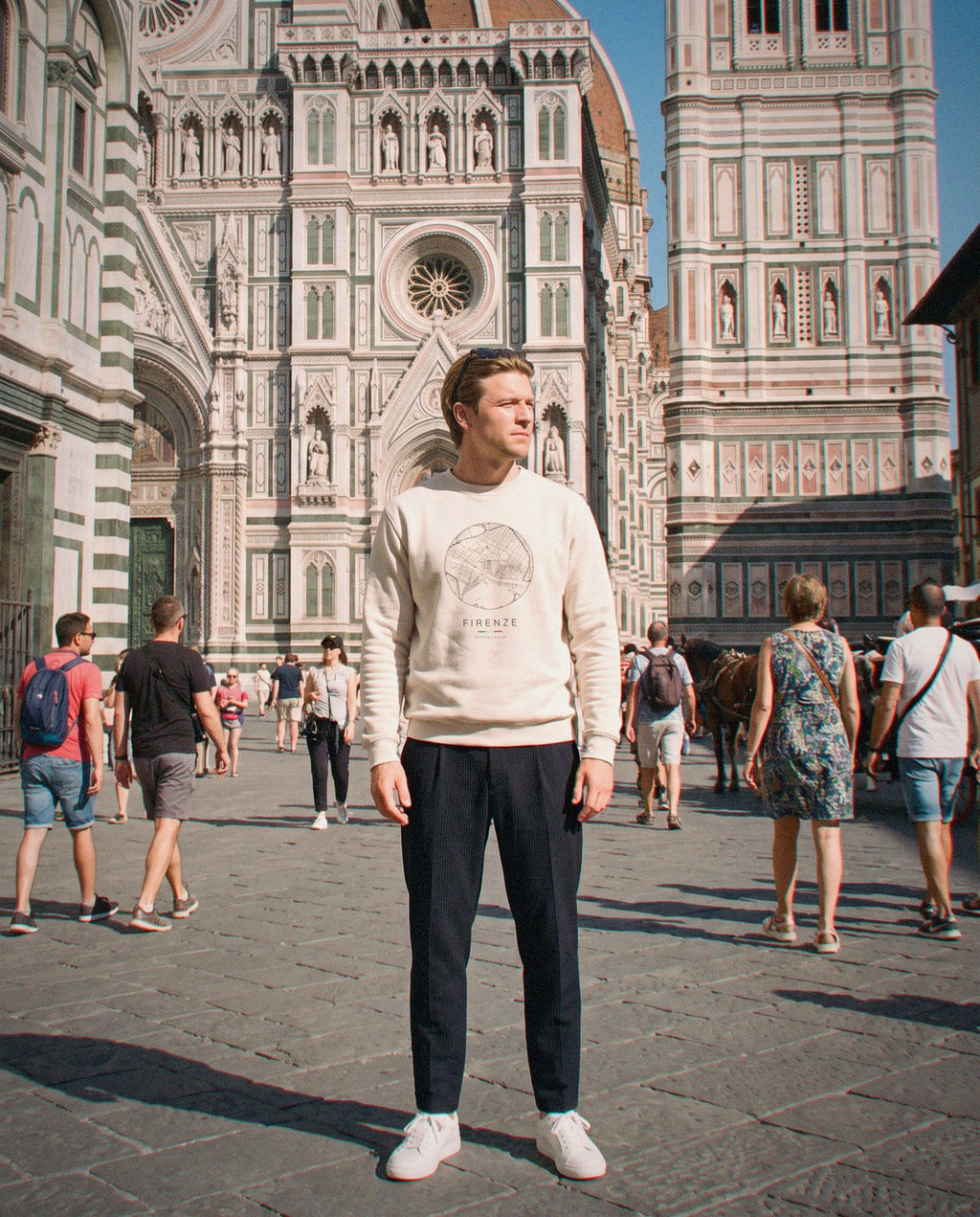 Florence map sweatshirt in Sand, circle street map of Florence, worn in Florence. Postmark.