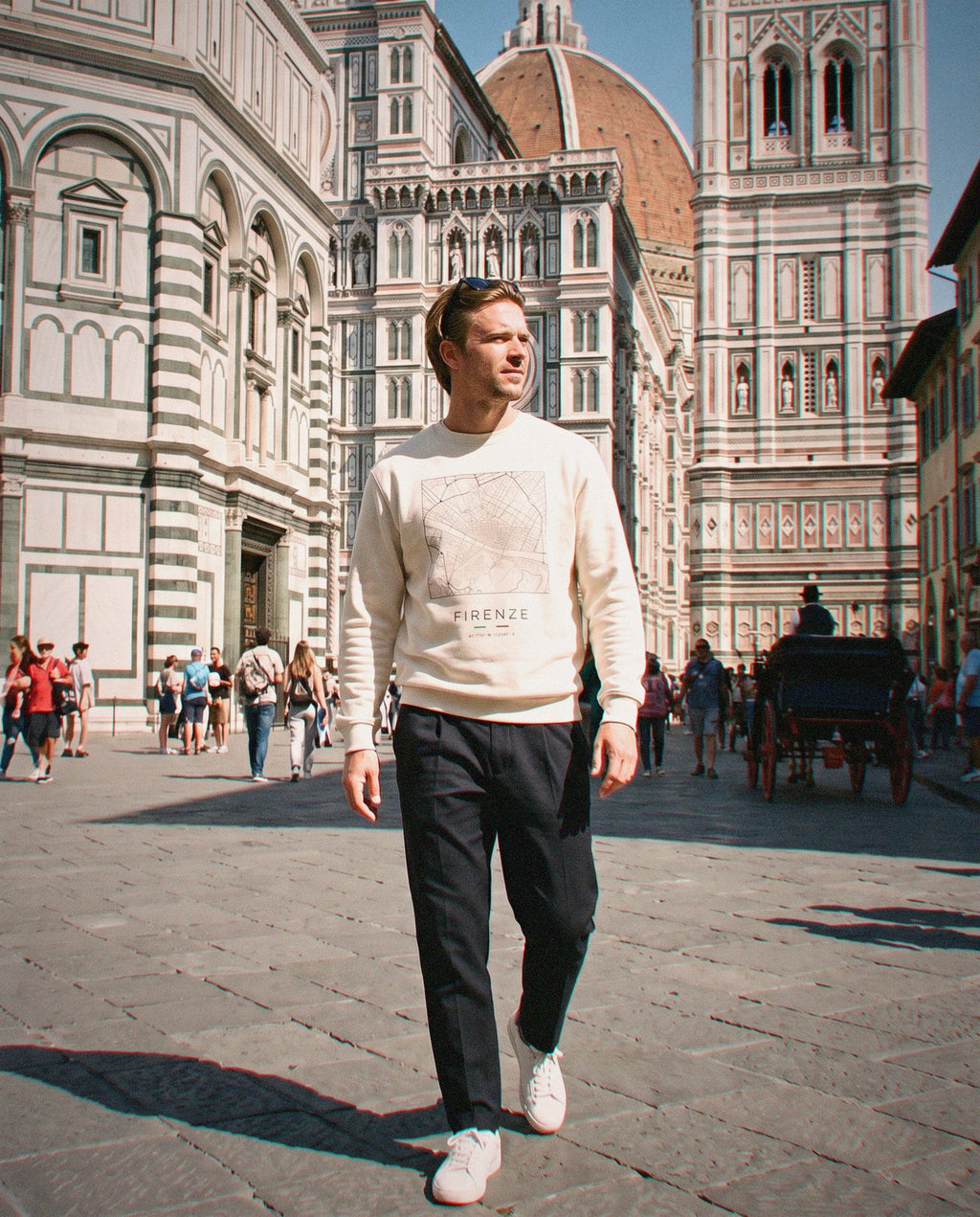 Florence map sweatshirt in Sand, square street map of Florence, worn in Florence. Postmark.