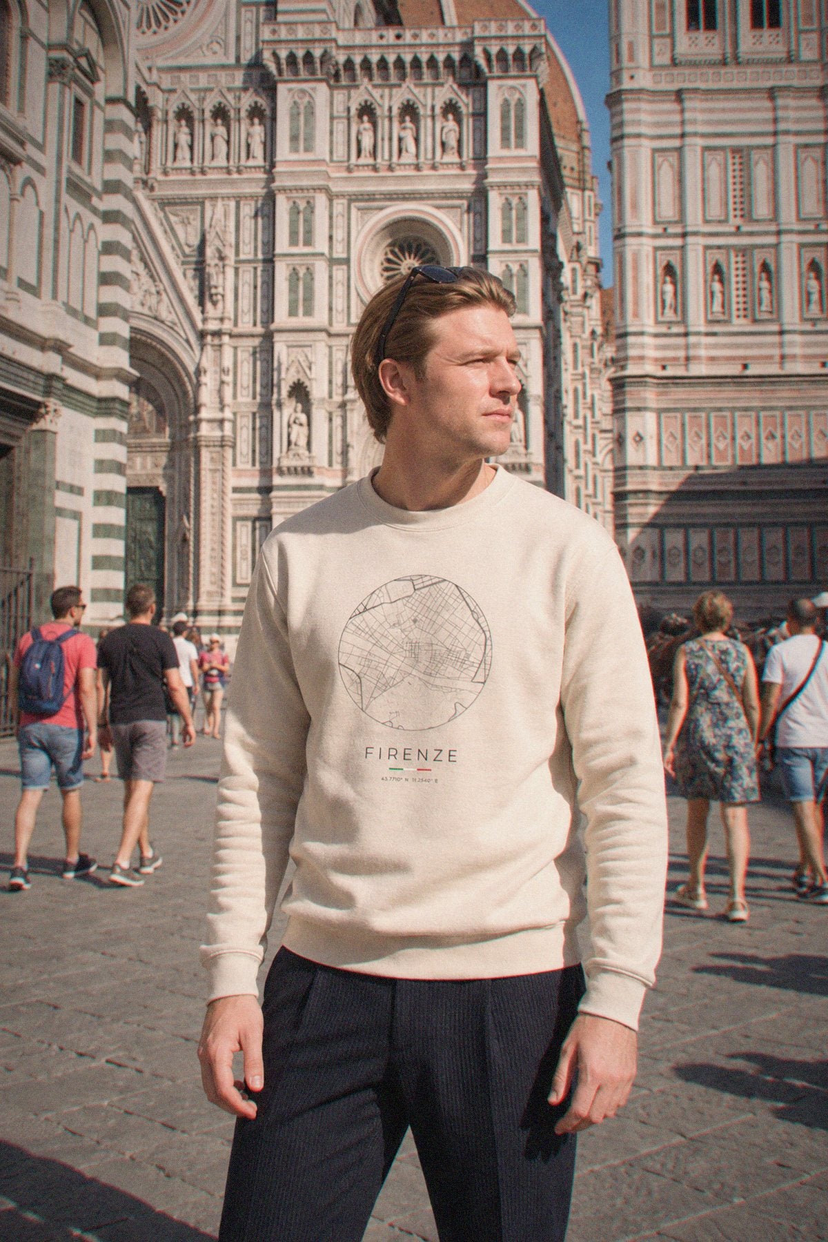 Florence map sweatshirt worn, three-quarter view, Florence