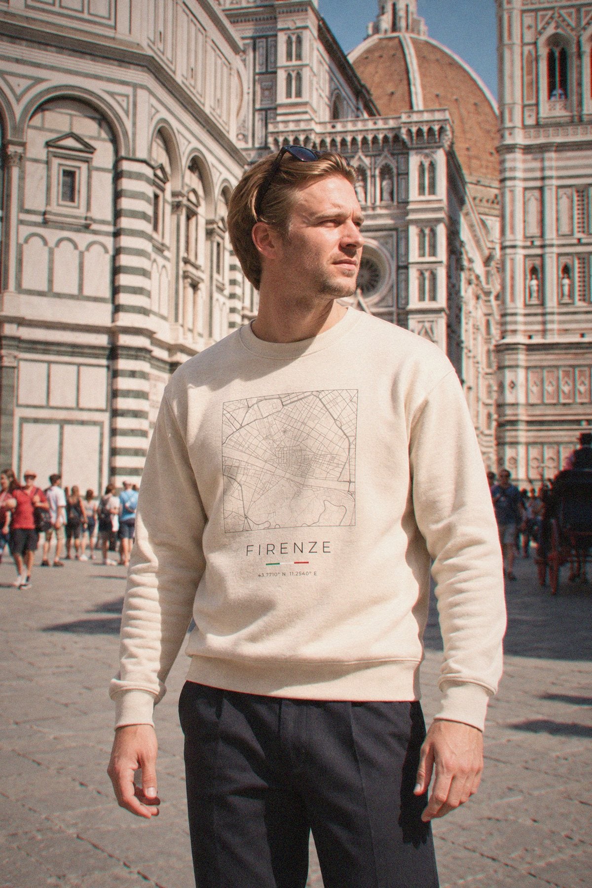 Florence map sweatshirt worn, three-quarter view, Florence