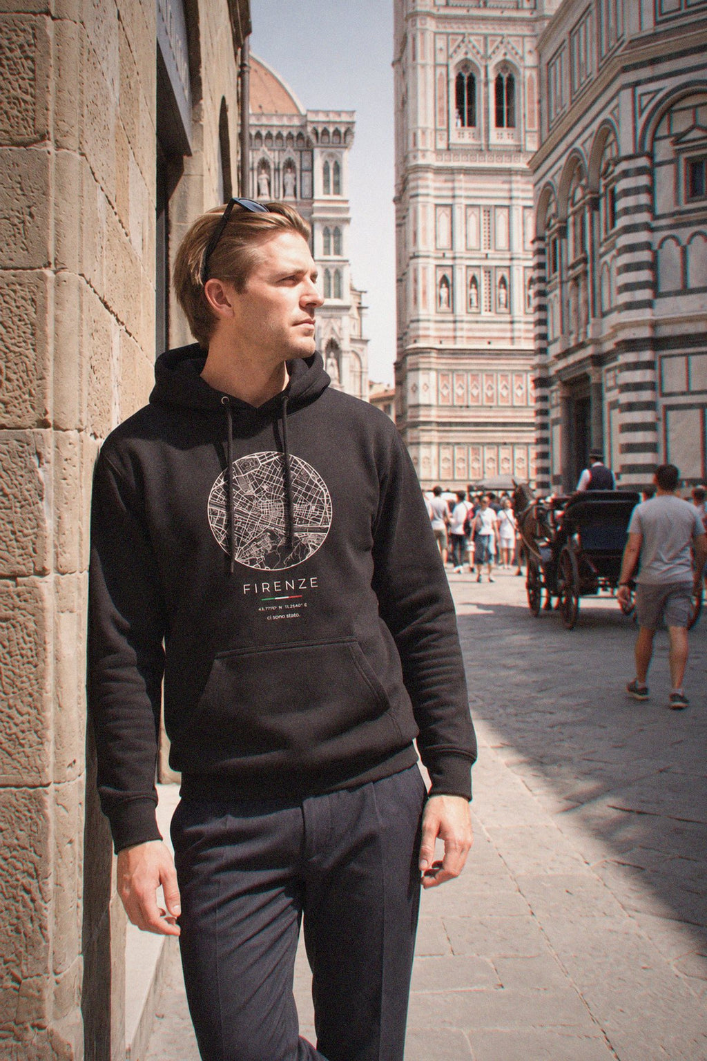 Florence map hoodie worn, three-quarter view, Florence