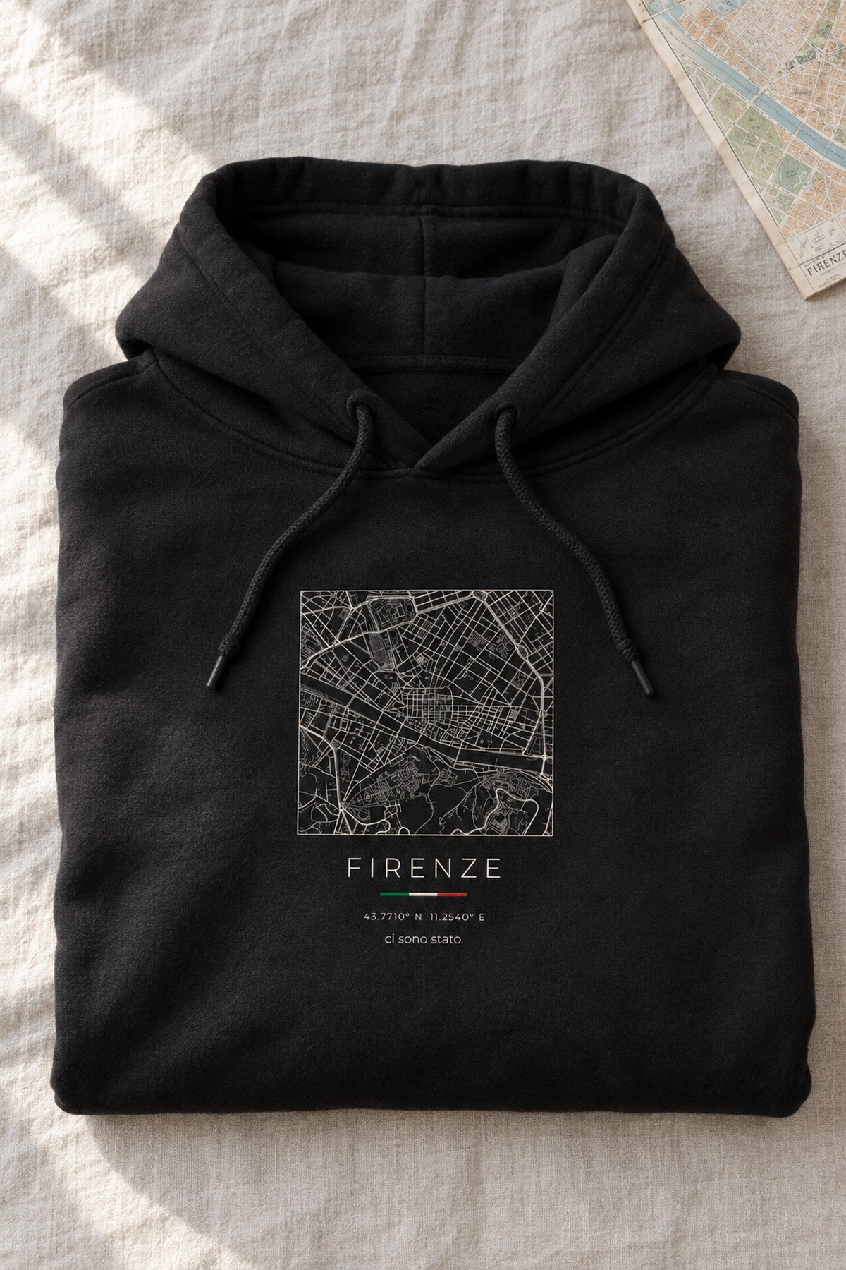 Florence map hoodie folded flat, front print