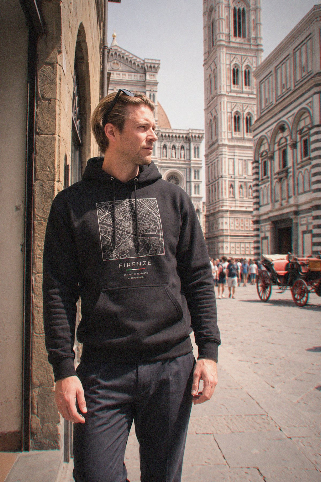 Florence map hoodie worn, three-quarter view, Florence