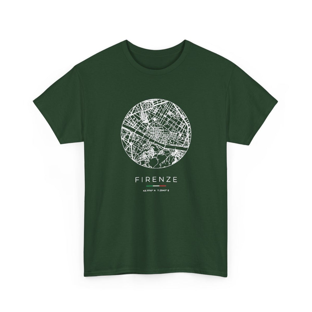 Florence Street Map T-Shirt, Circle Map, Forest Green, Italy Travel Gift, flat lay