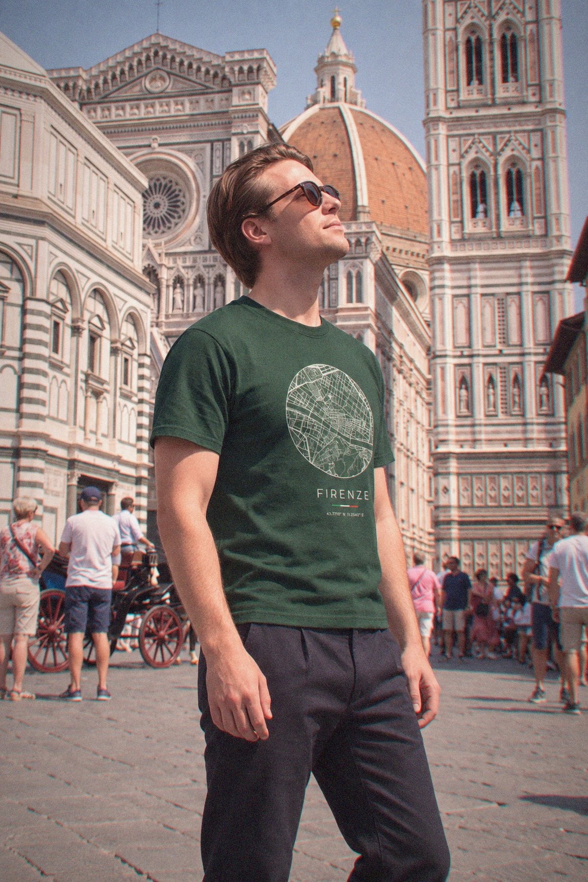 Florence map t-shirt worn, three-quarter view, Florence