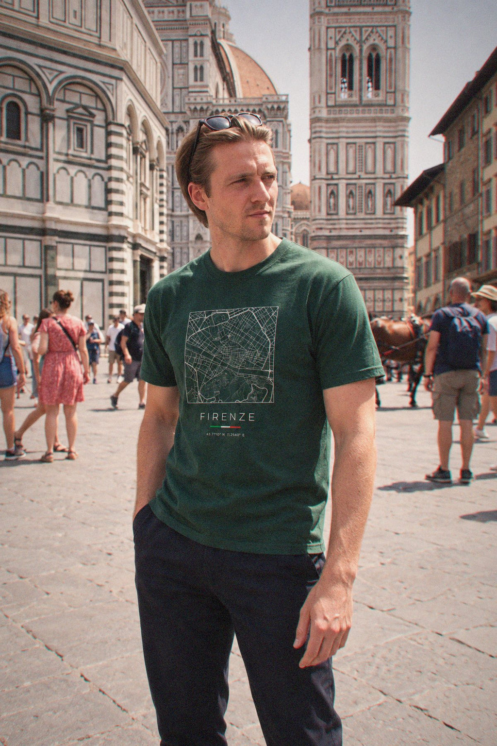Florence map t-shirt worn, three-quarter view, Florence