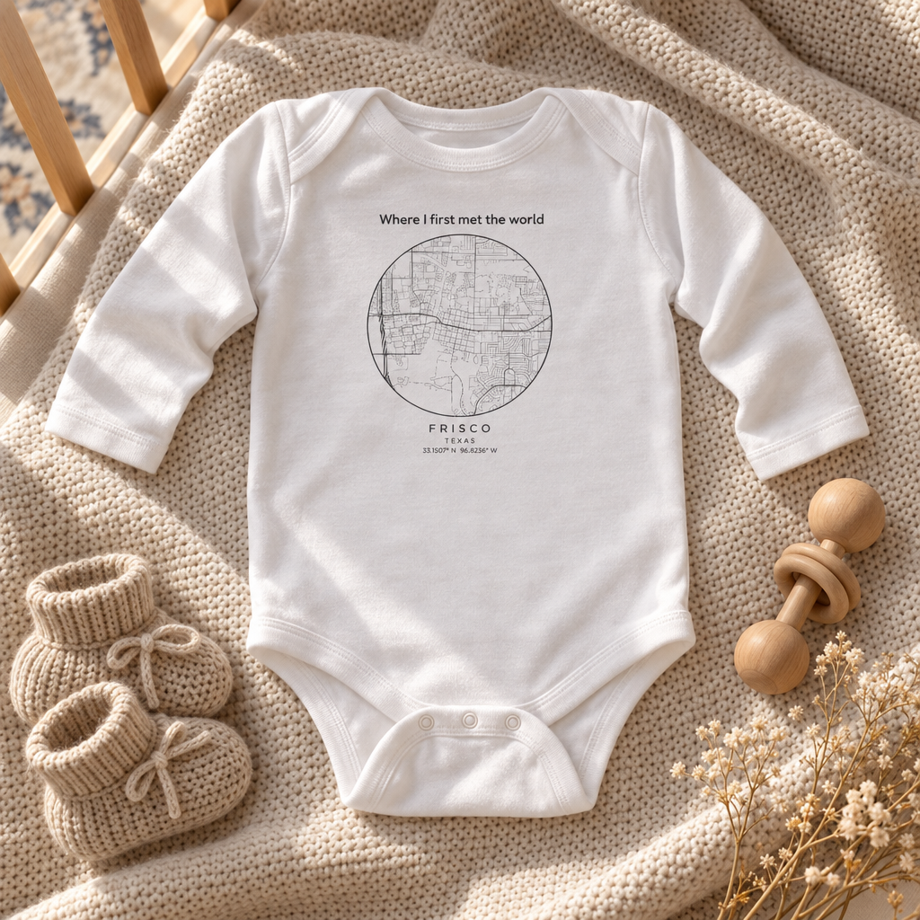 Personalised birthplace map baby bodysuit, Where I first met the world