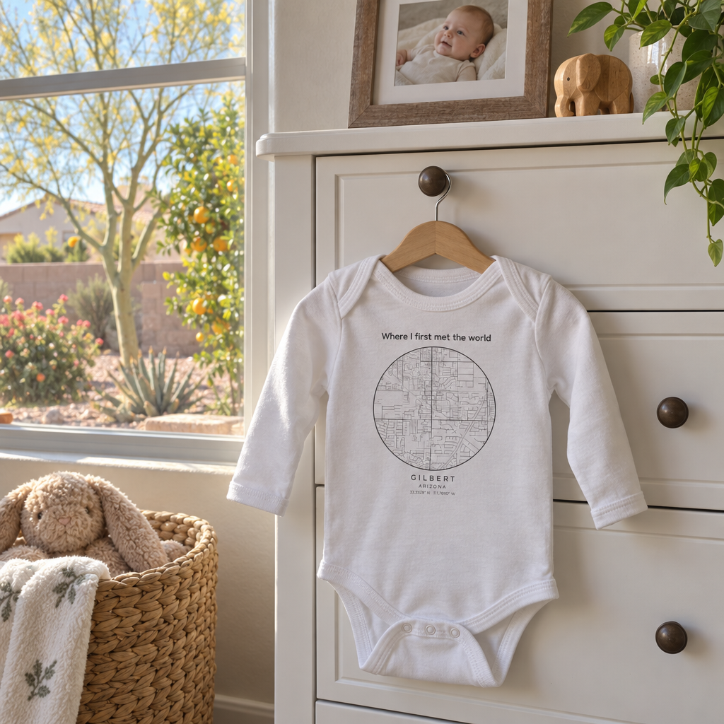 Personalised birthplace map baby bodysuit, Where I first met the world