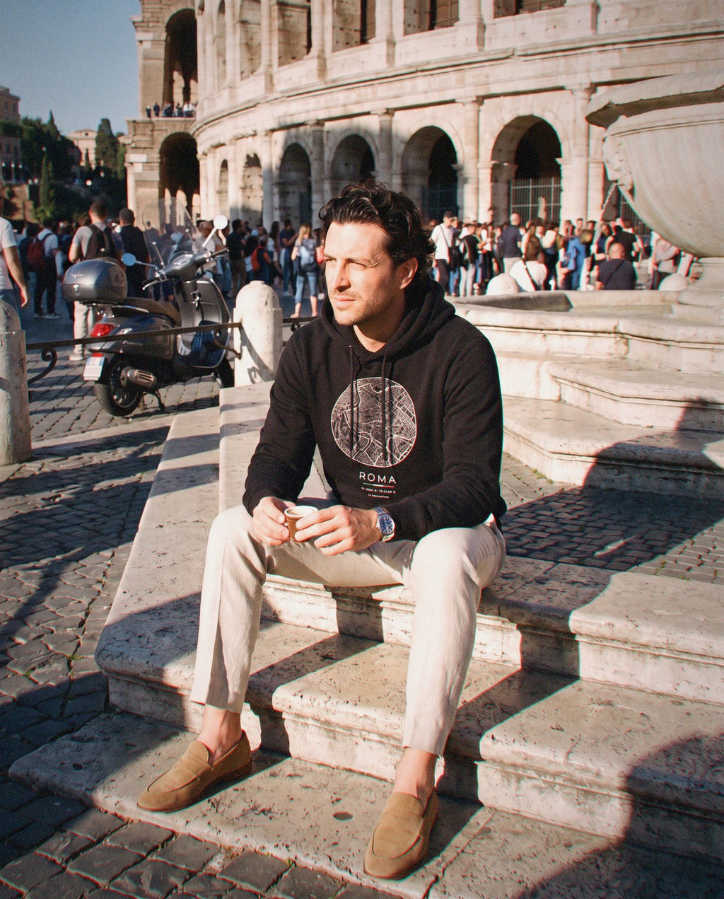 Rome map hoodie in Black, circle street map of Rome, worn in Rome. Postmark.