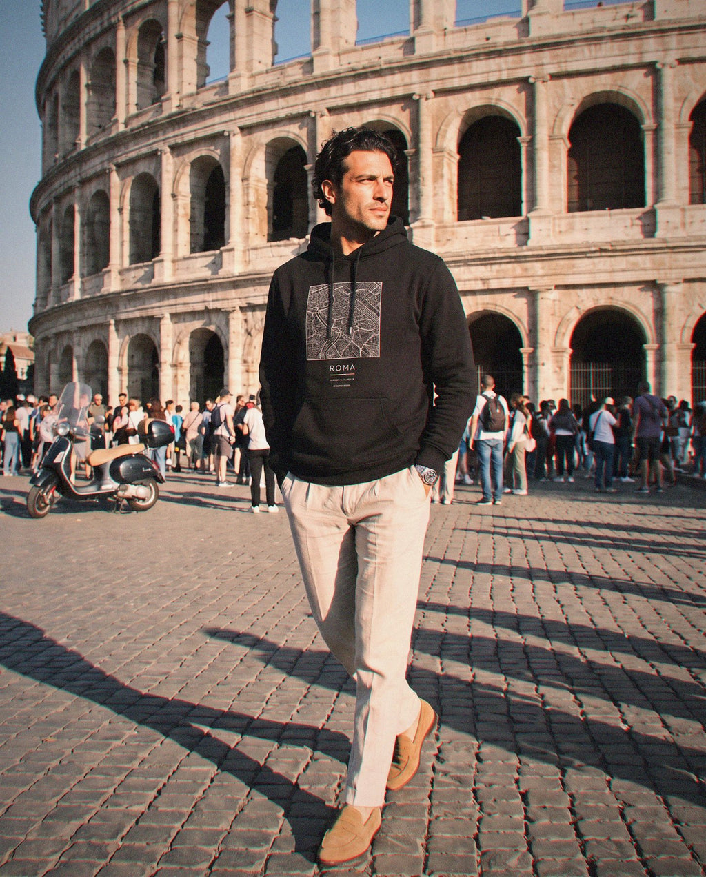 Rome map hoodie in Black, square street map of Rome, worn in Rome. Postmark.