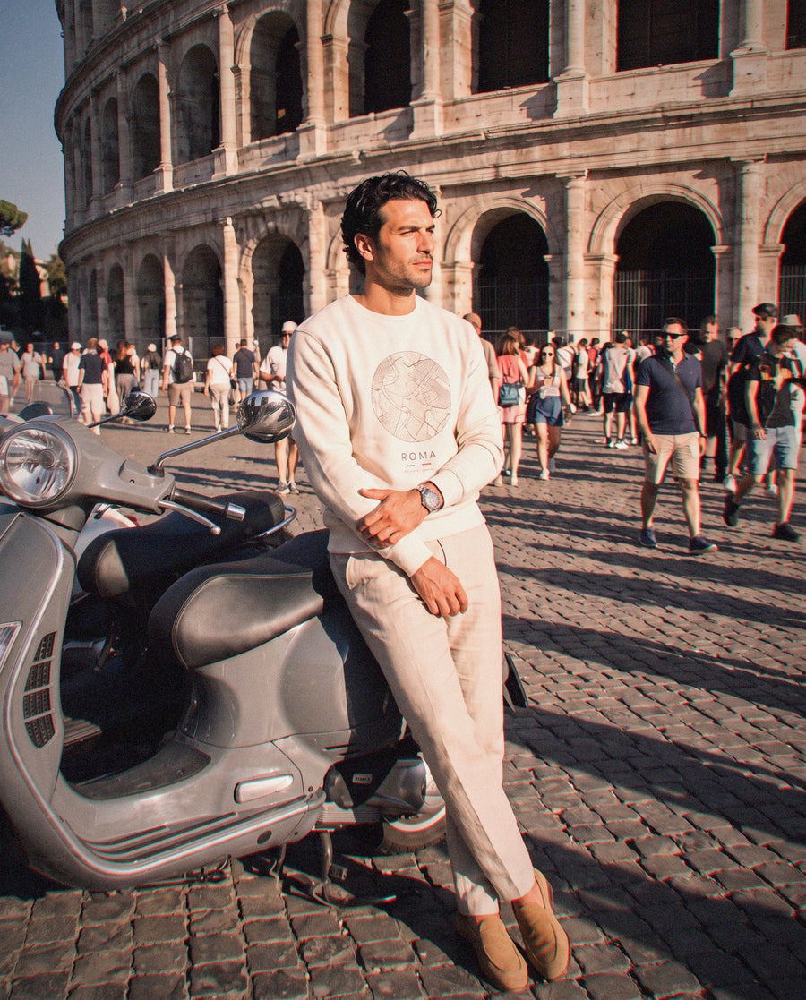 Rome map sweatshirt in Sand, circle street map of Rome, worn in Rome. Postmark.