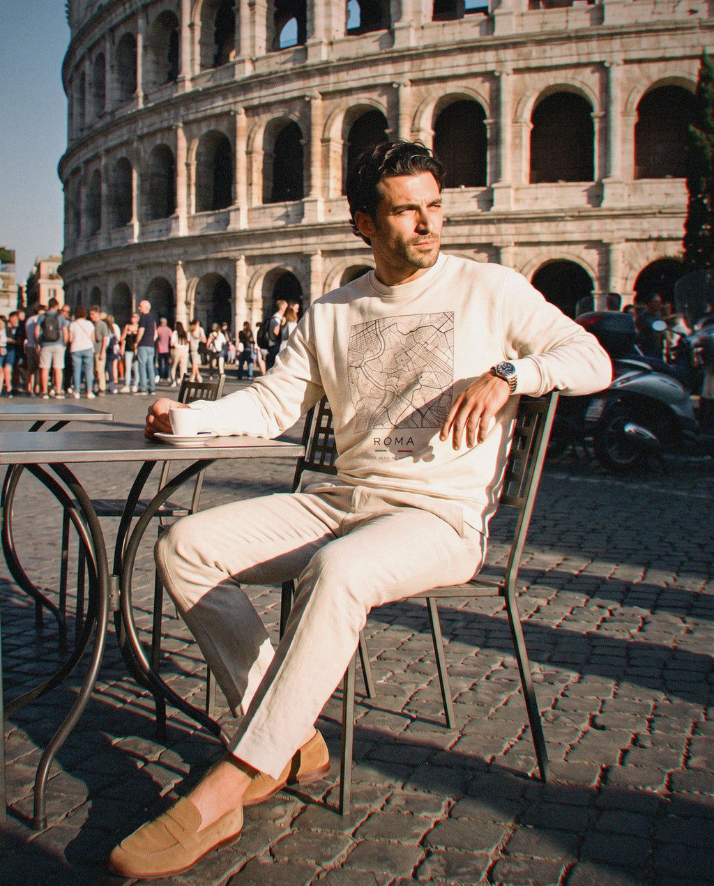 Rome map sweatshirt in Sand, square street map of Rome, worn in Rome. Postmark.