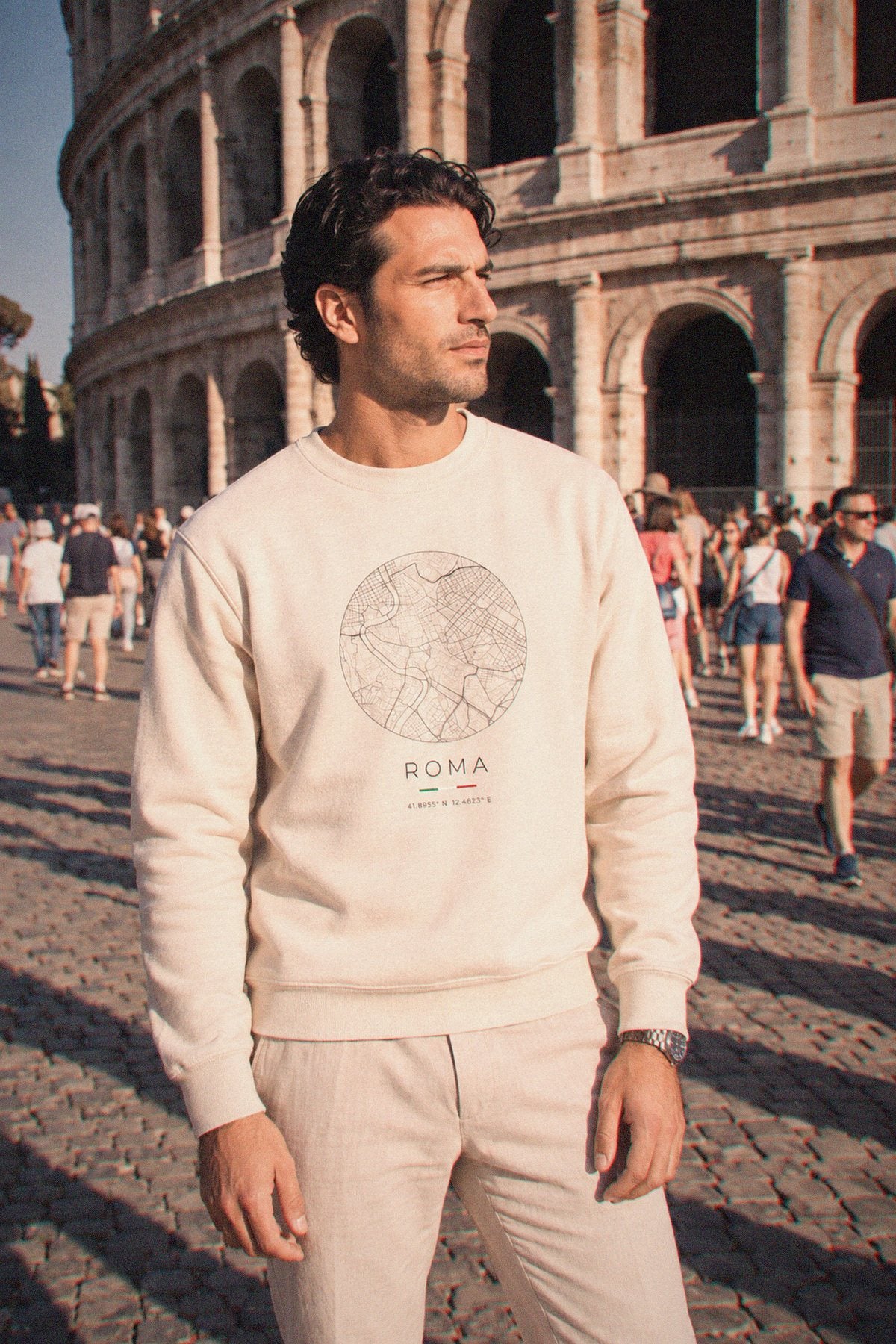 Rome map sweatshirt worn, three-quarter view, Rome